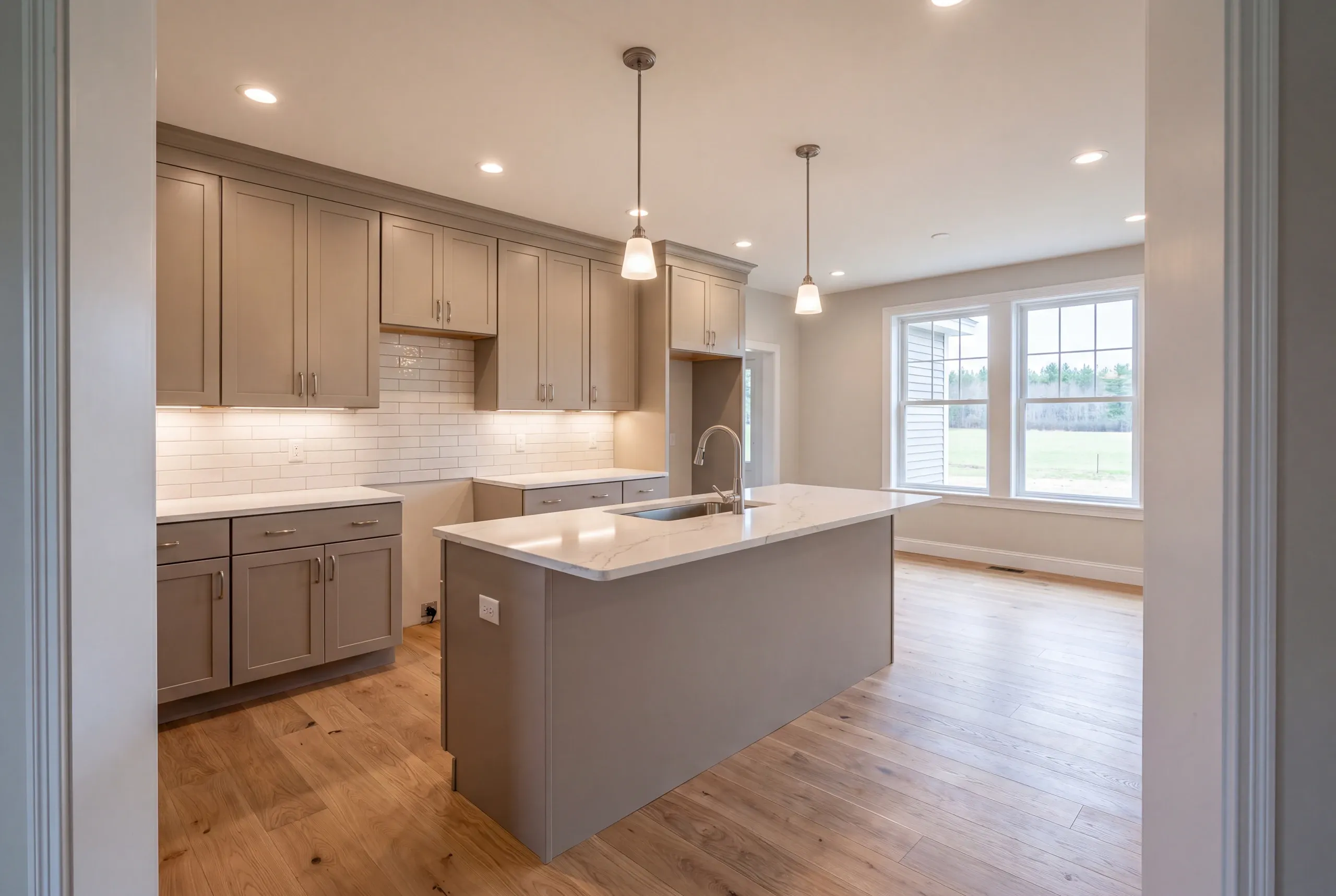 Quartz counter installed on a weekday breakfast island in Greene, Maine