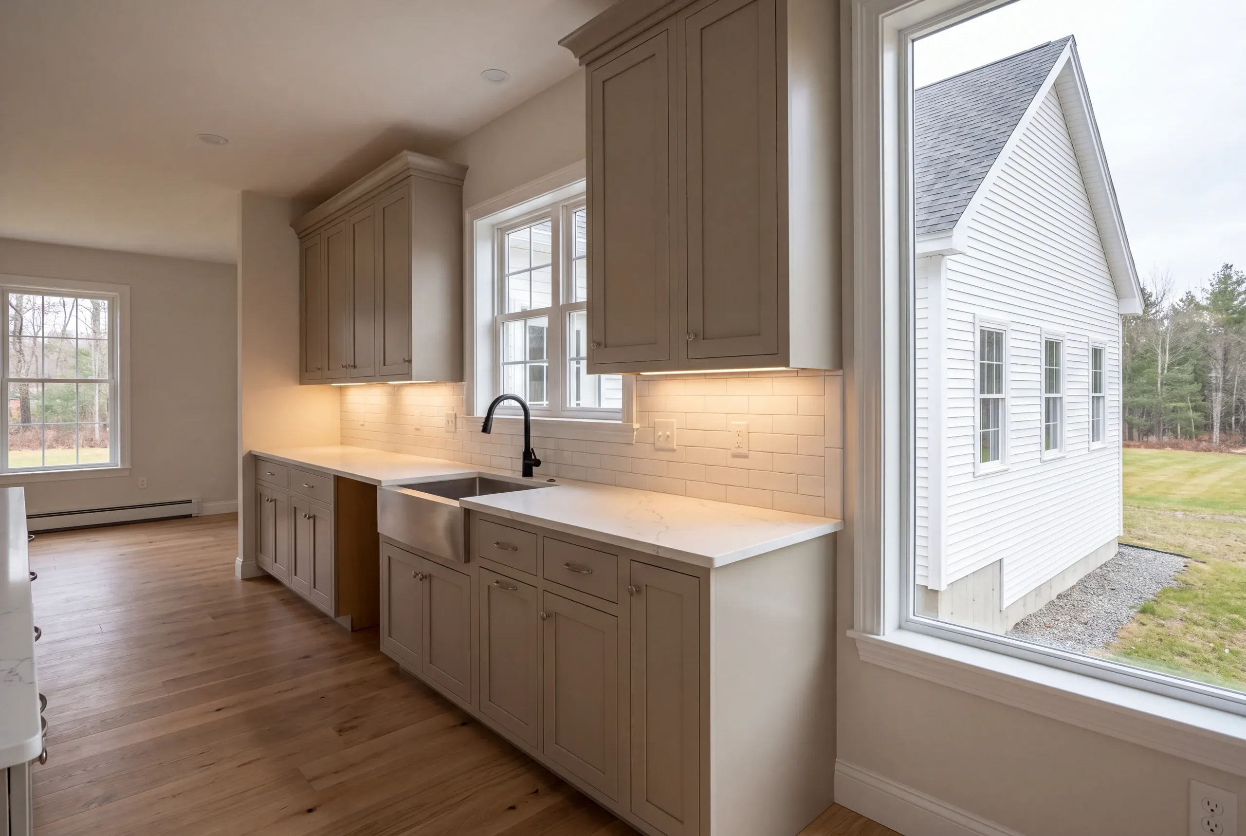 Finished open kitchen in a rural home in Greene, Maine