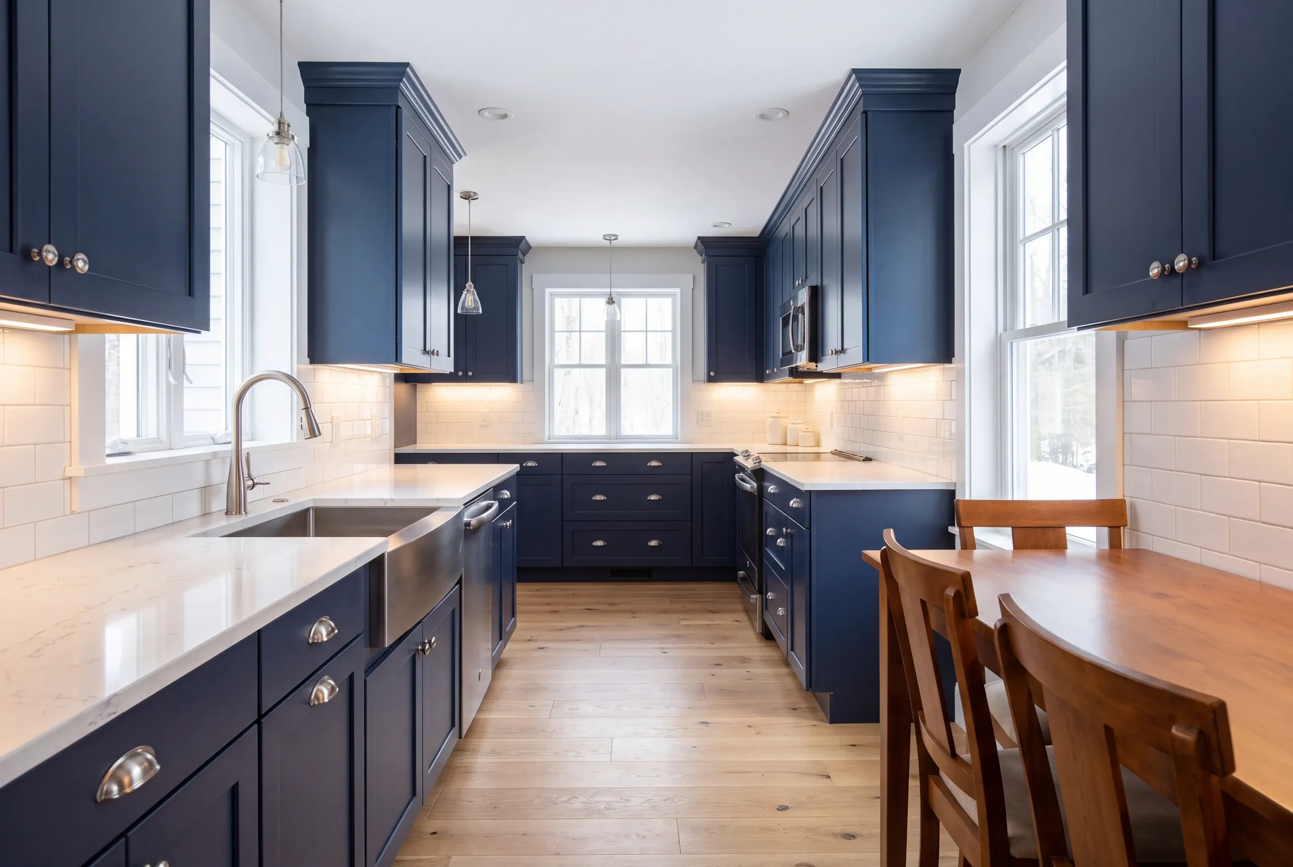 Finished Greene kitchen seen from the adjoining dining area