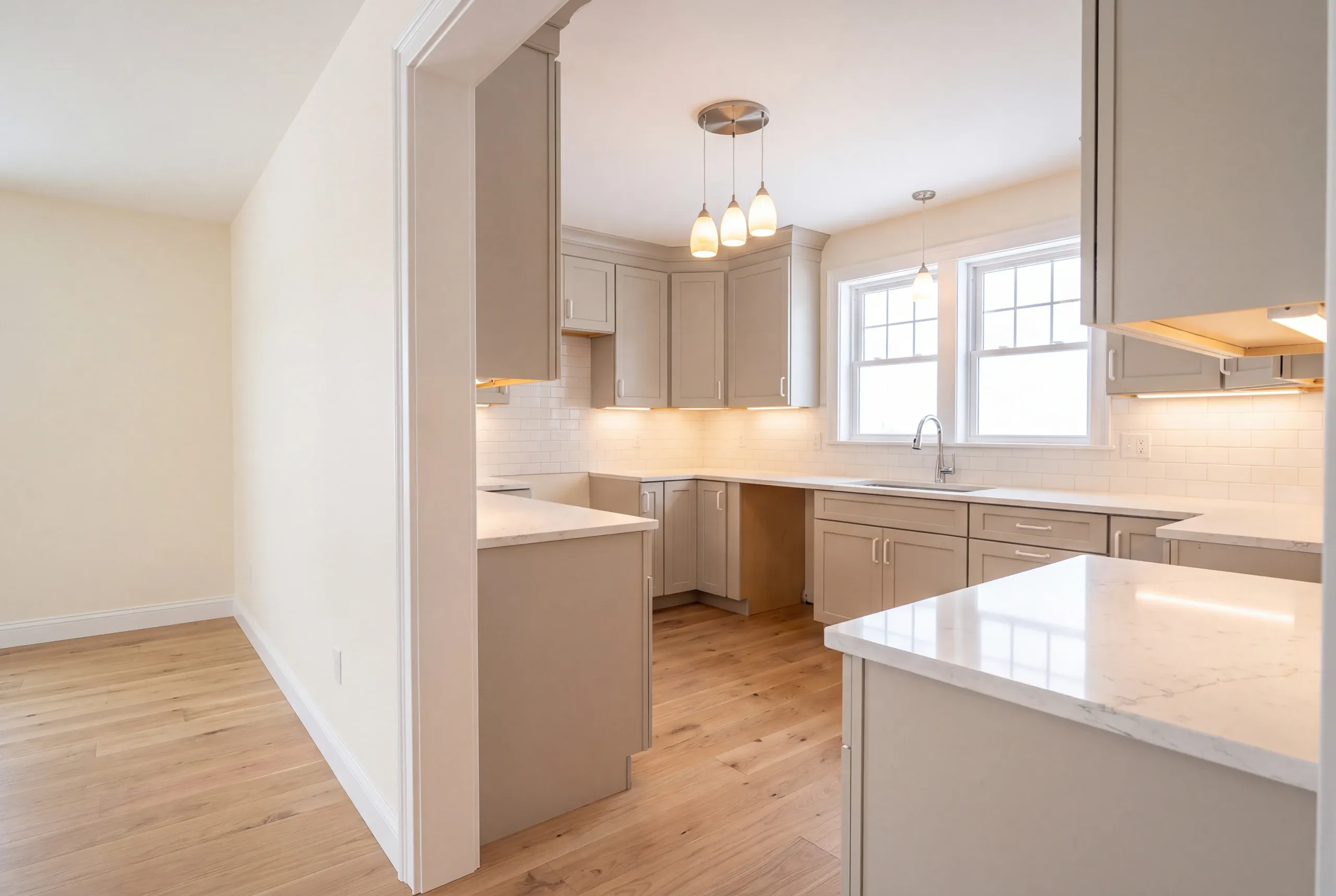 Finished kitchen in a Greene, Maine home, wide interior view