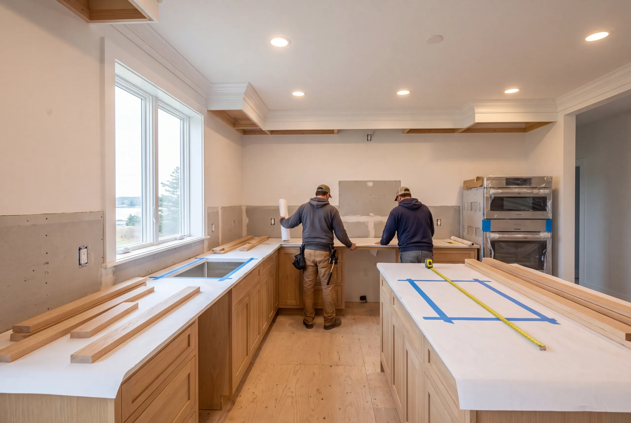 Quartz counter being templated in a Maine kitchen renovation