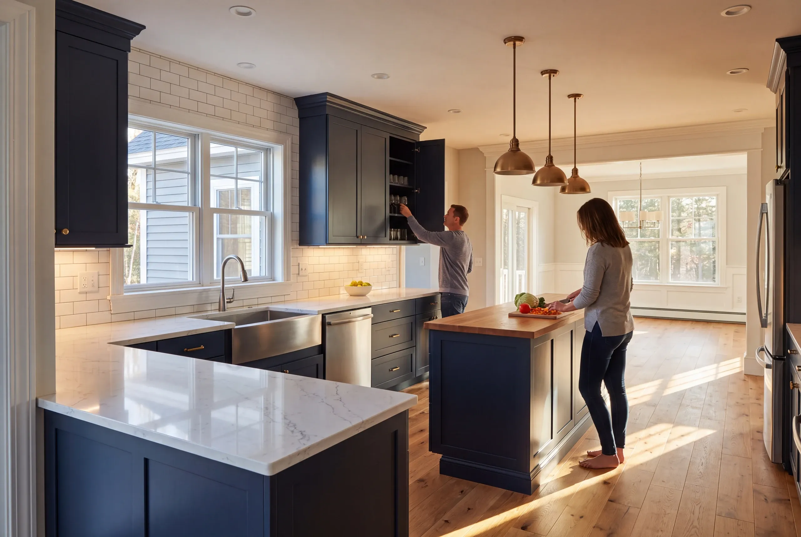 Finished kitchen with an island and people cooking in a Maine home