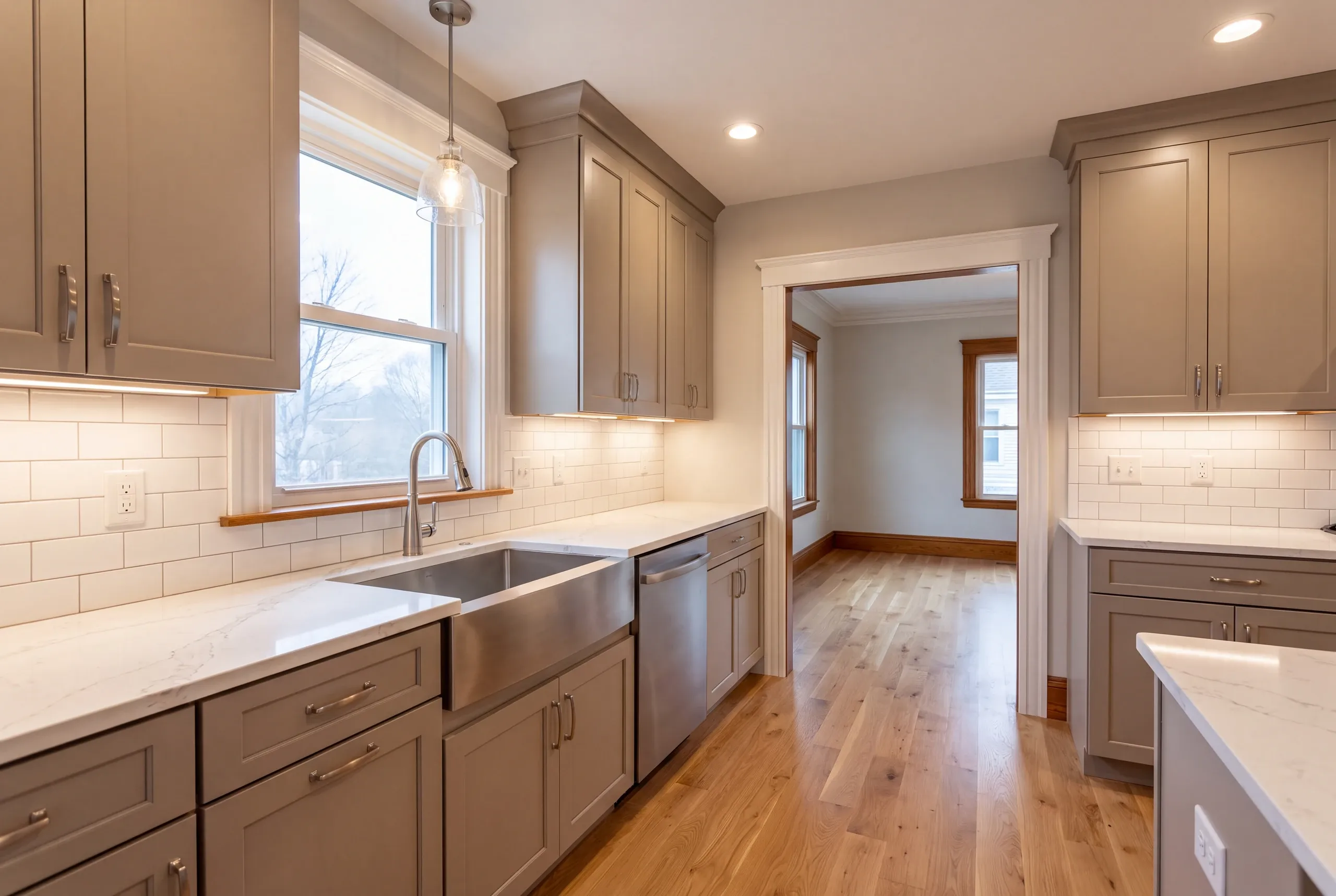 Finished Lewiston kitchen seen from the adjoining dining area