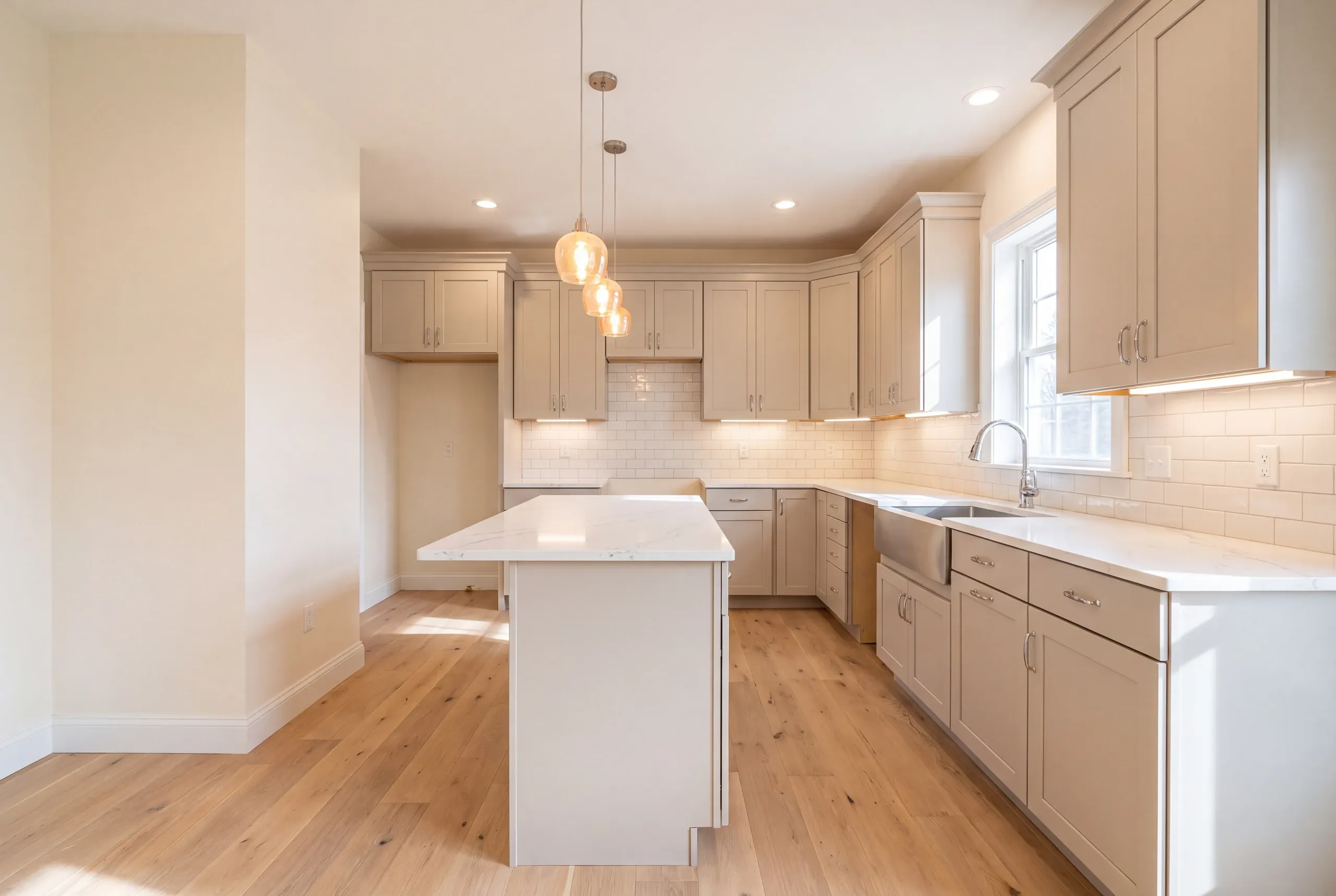 Finished kitchen in a Lewiston, Maine home, wide interior view