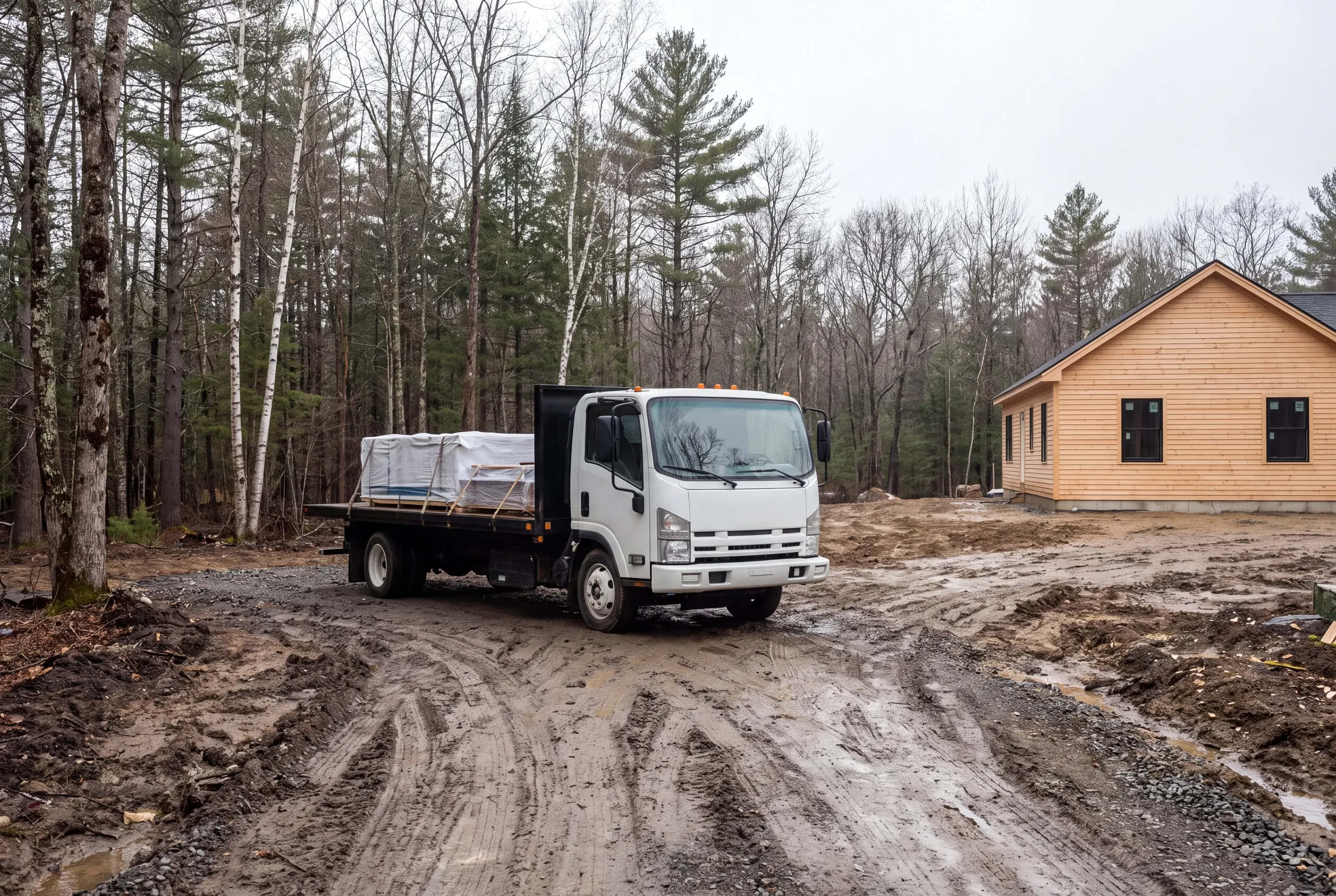 Delivery truck on a soft gravel road during mud season in Mt. Vernon, Maine
