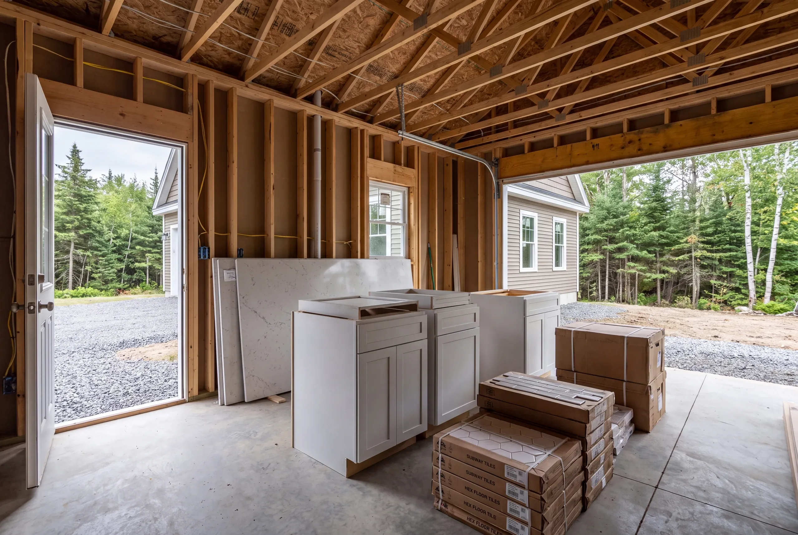 Materials staged inside a garage ahead of a Mt. Vernon kitchen remodel