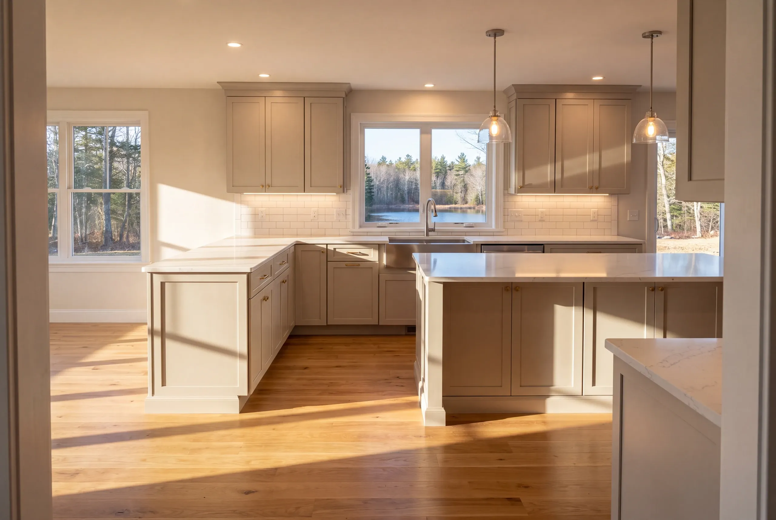 Finished kitchen with pond views in Mt. Vernon, Maine
