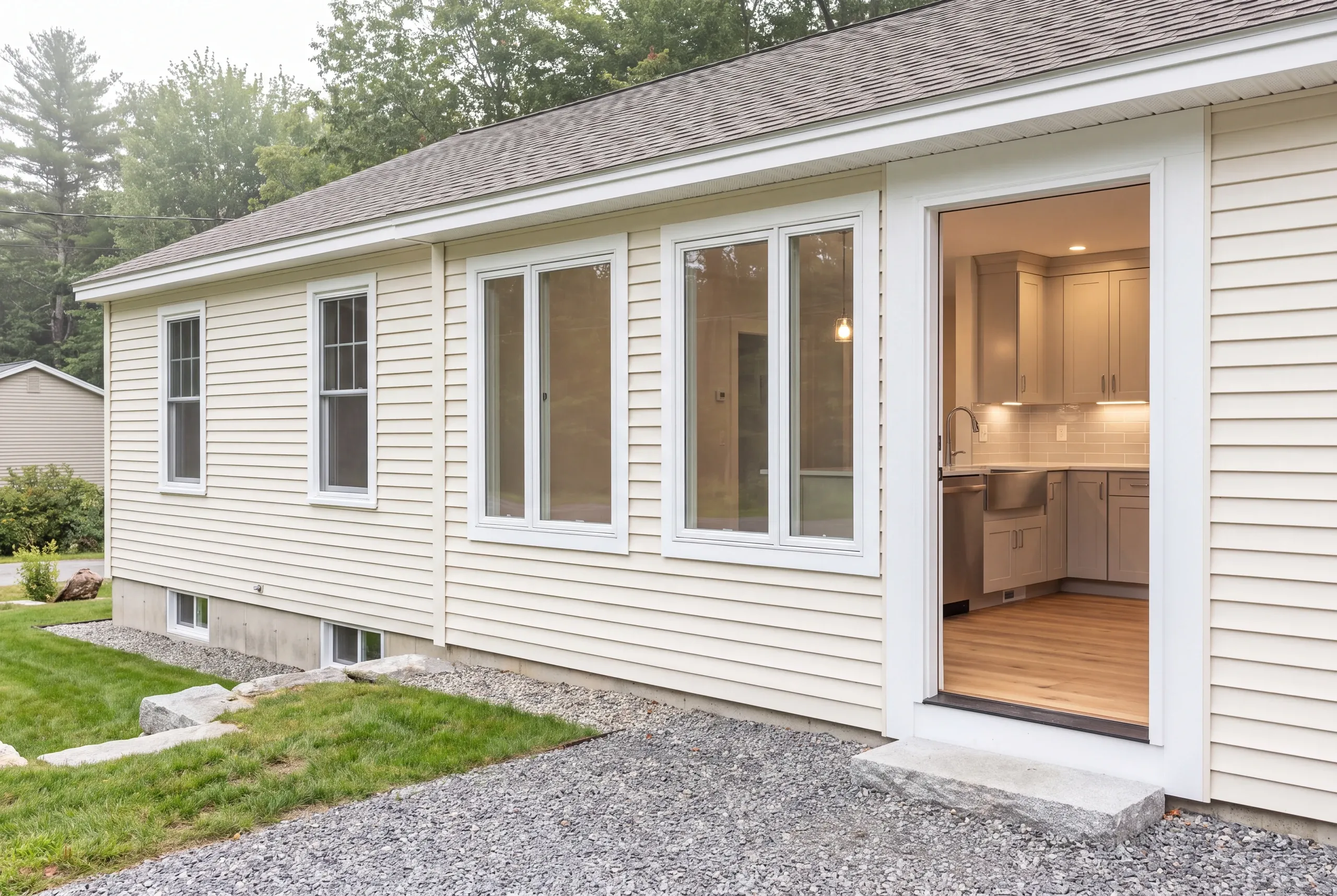 Finished year round kitchen in a converted lake camp in Oakland, Maine