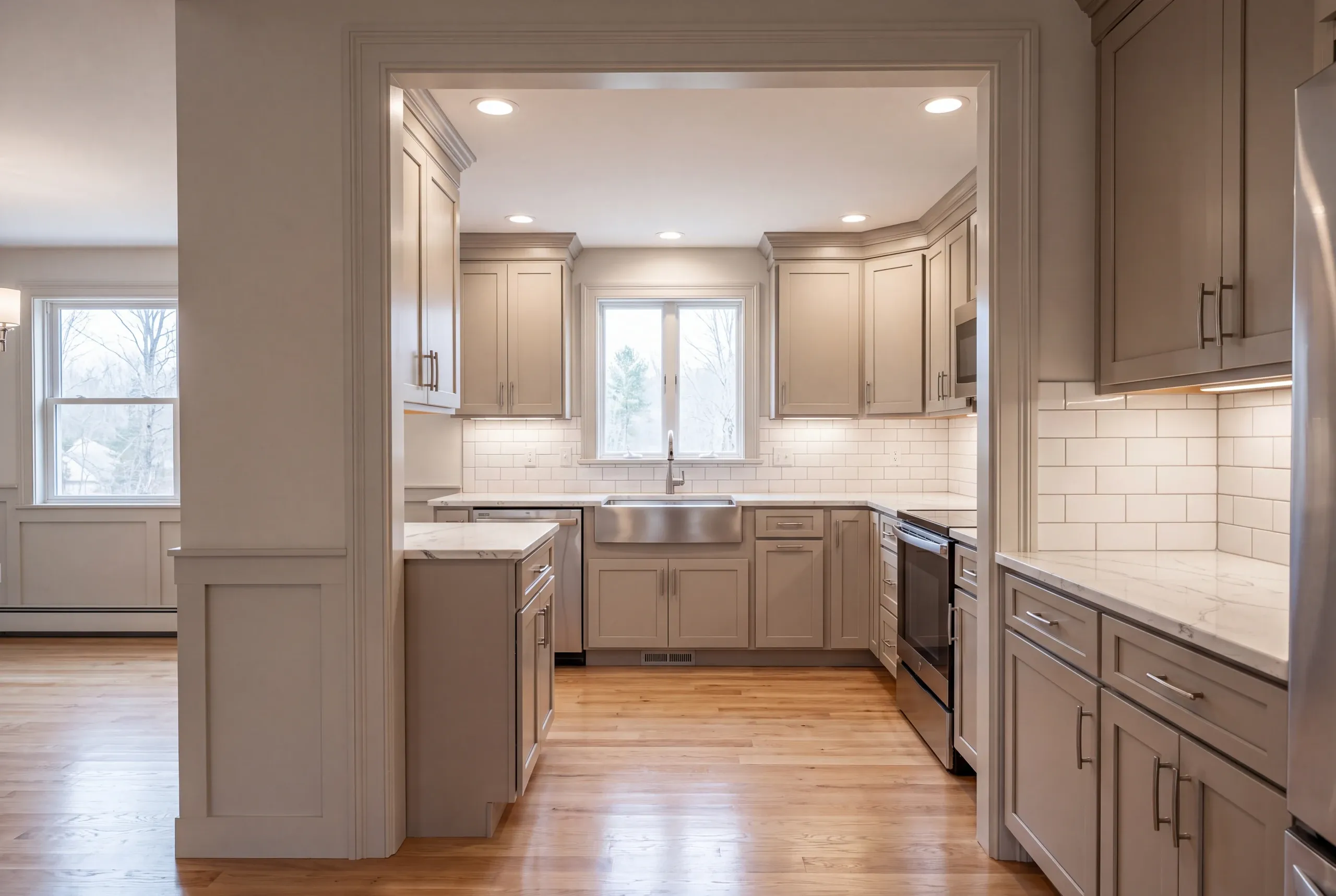 Finished Oakland kitchen seen from the adjoining dining area