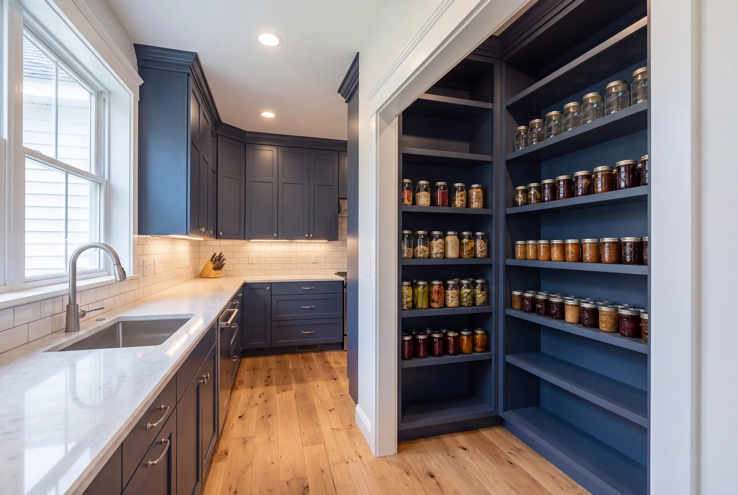 Deep pantry shelving built for canning storage in a Palermo, Maine home