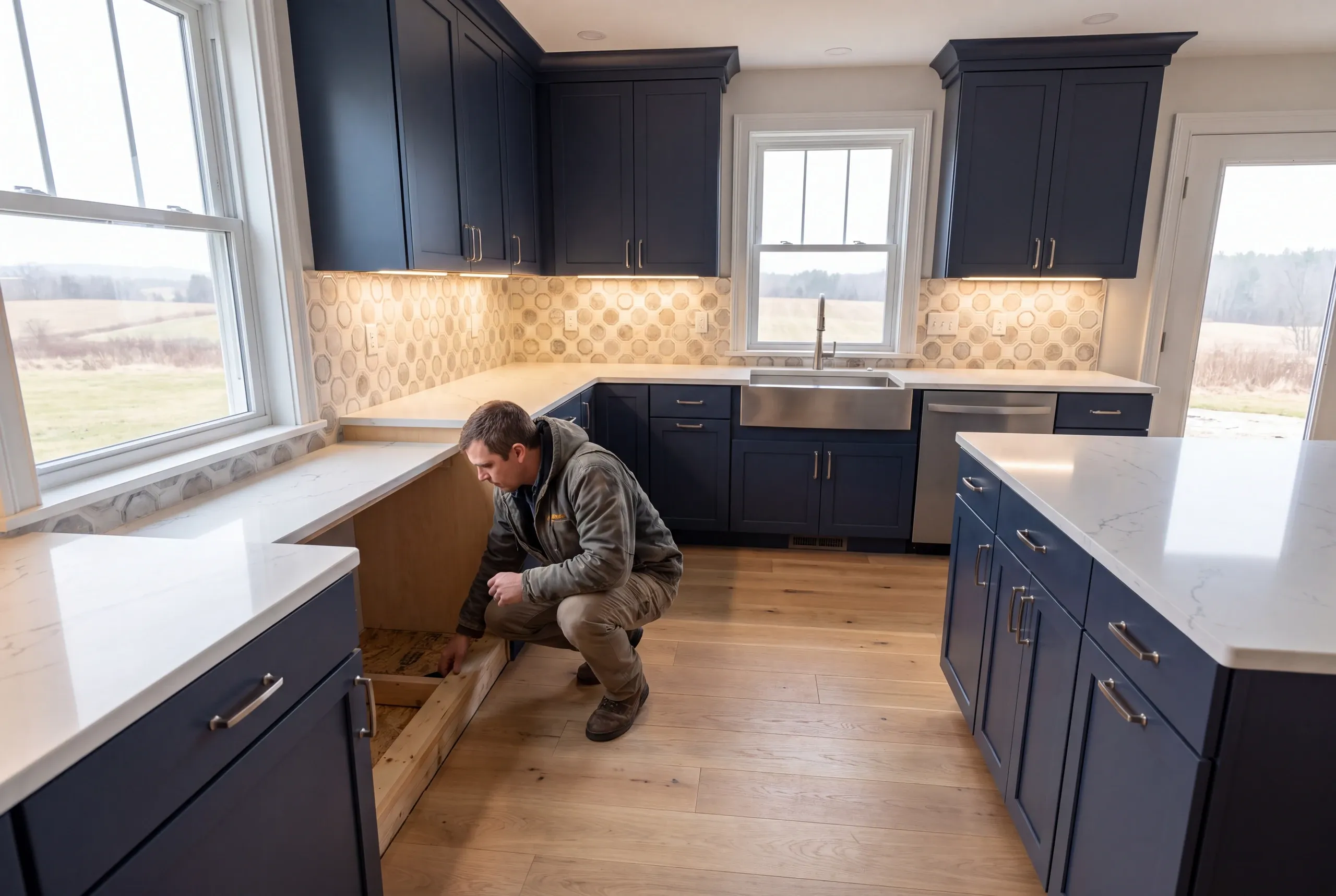 Builder checking ledge under a Palermo kitchen floor before plumbing work