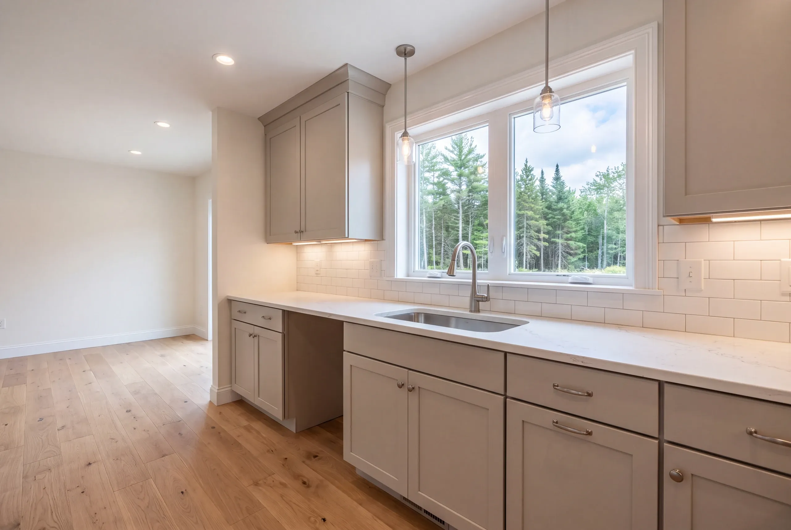 Finished kitchen in a Palermo, Maine home, wide interior view
