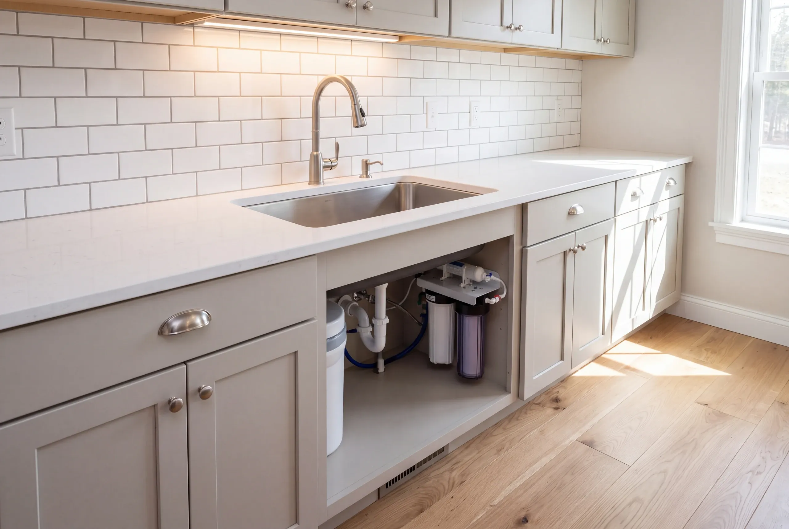 Water filtration and softener plumbed ahead of a new Sidney kitchen sink