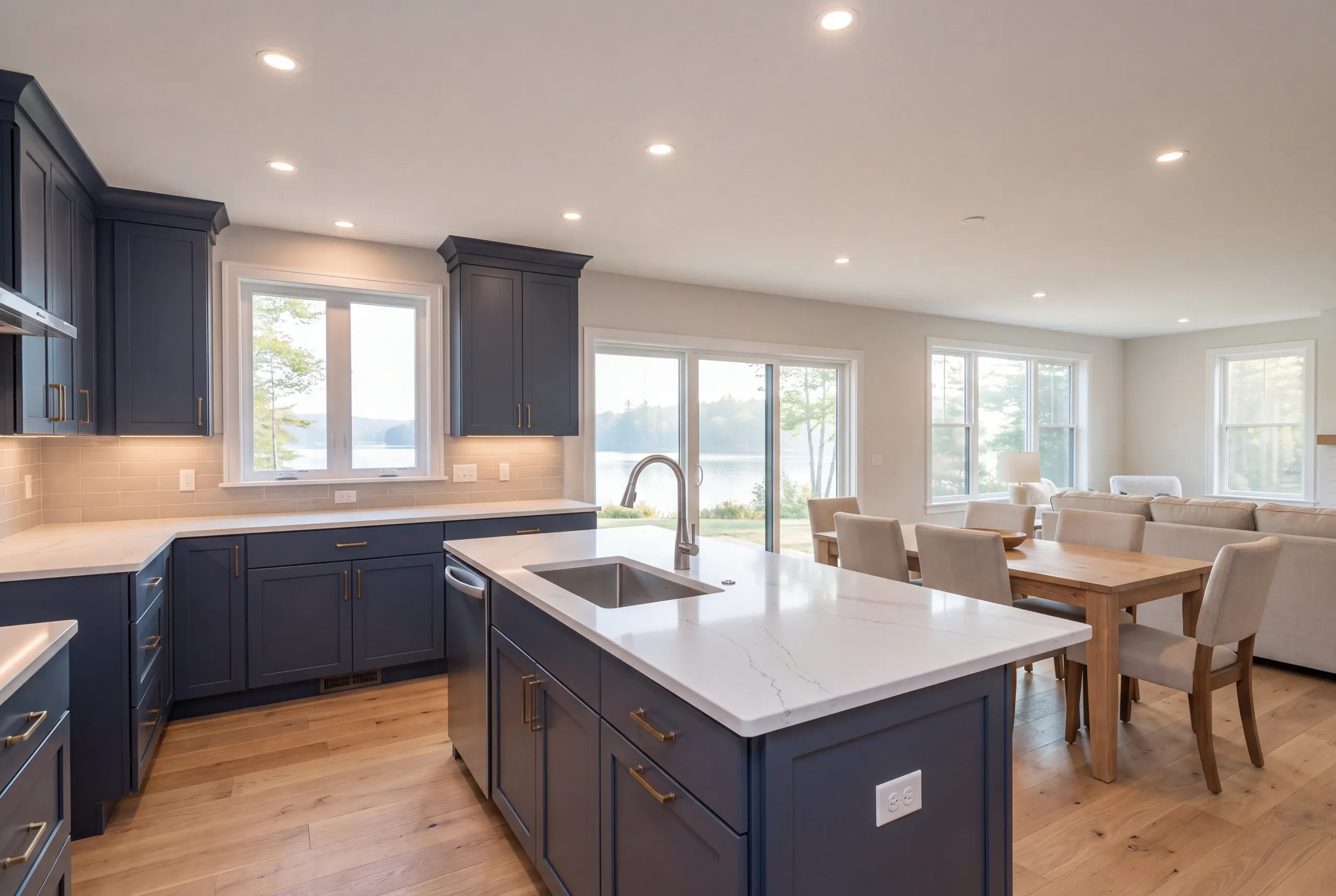 Finished open kitchen with lake views in Sidney, Maine