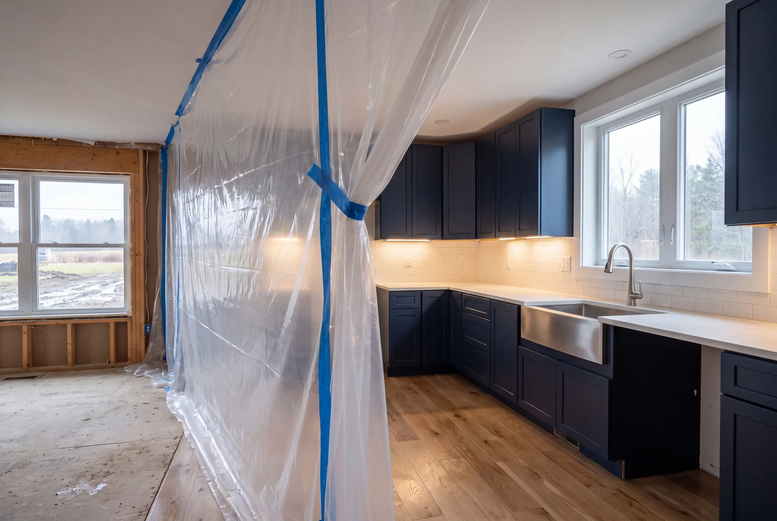 Dust wall sealed off between a Vassalboro kitchen and the rest of the house