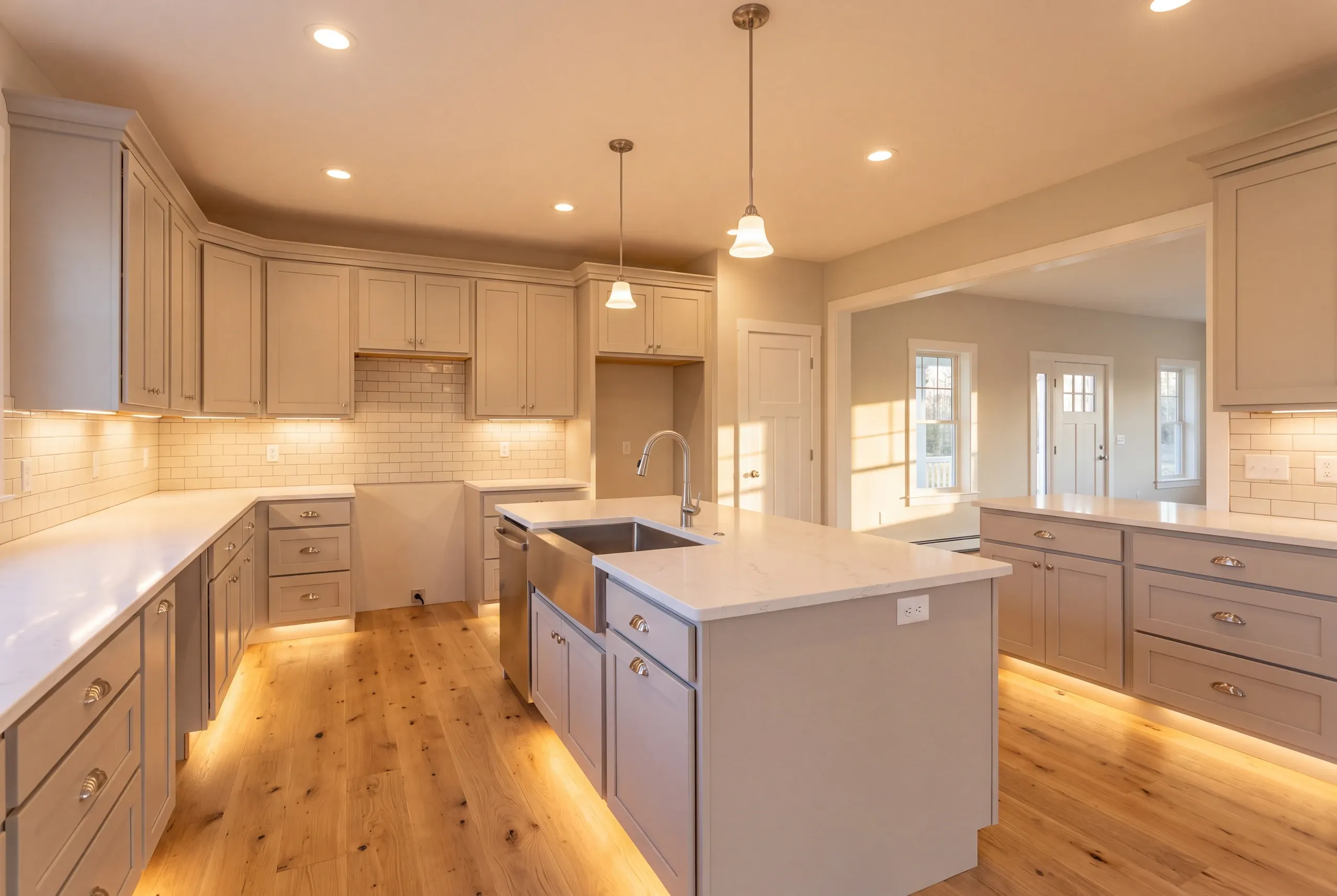 Finished country kitchen with an island in Vassalboro, Maine