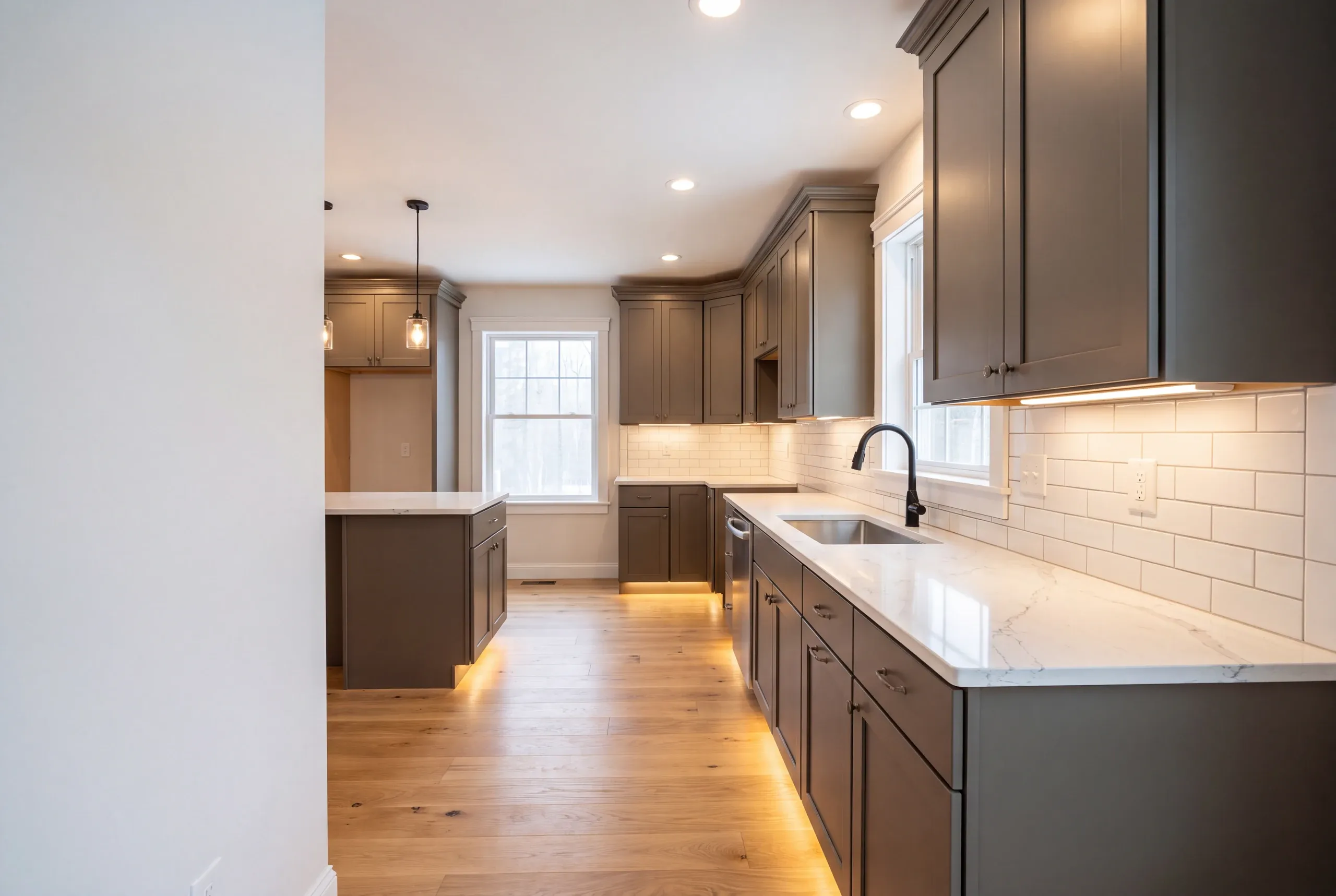 Finished kitchen in a Vassalboro, Maine home, wide interior view