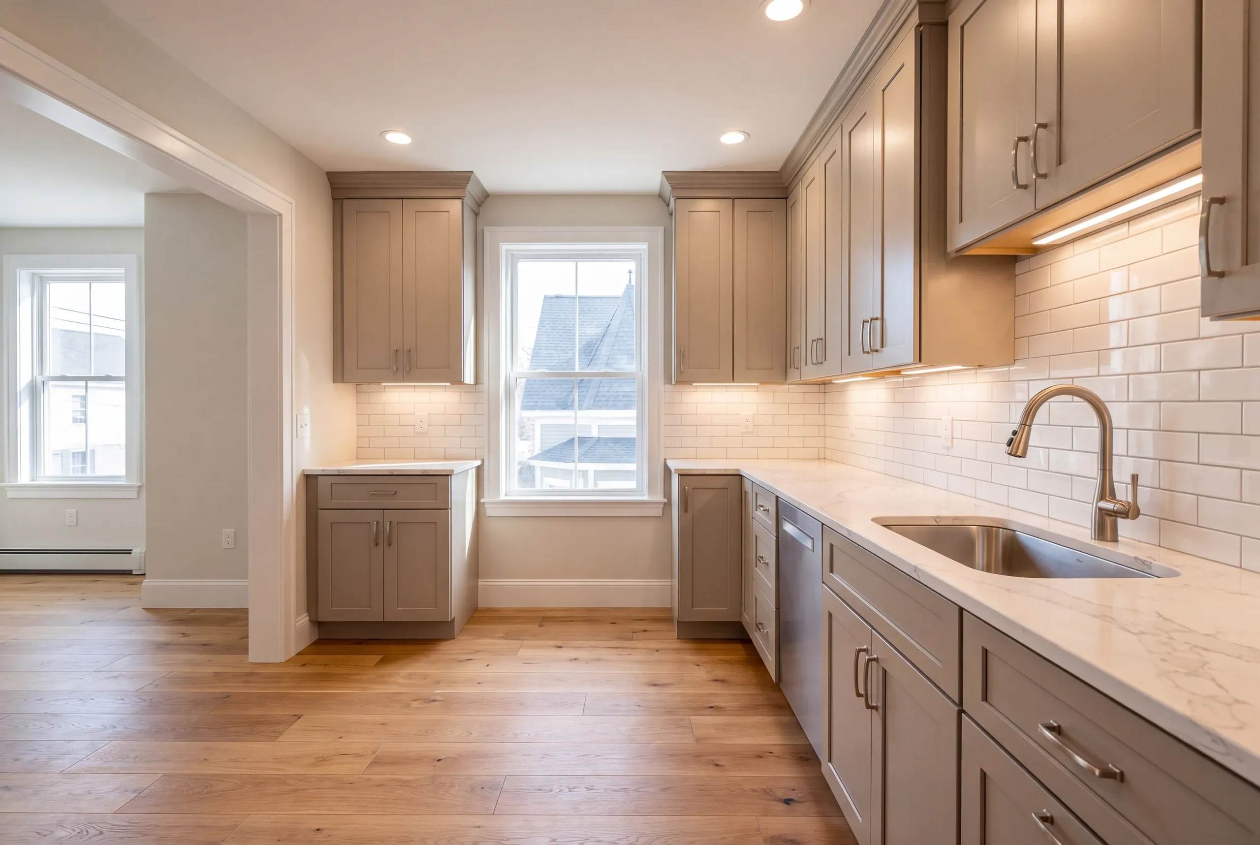 Finished Waterville kitchen seen from the adjoining dining area