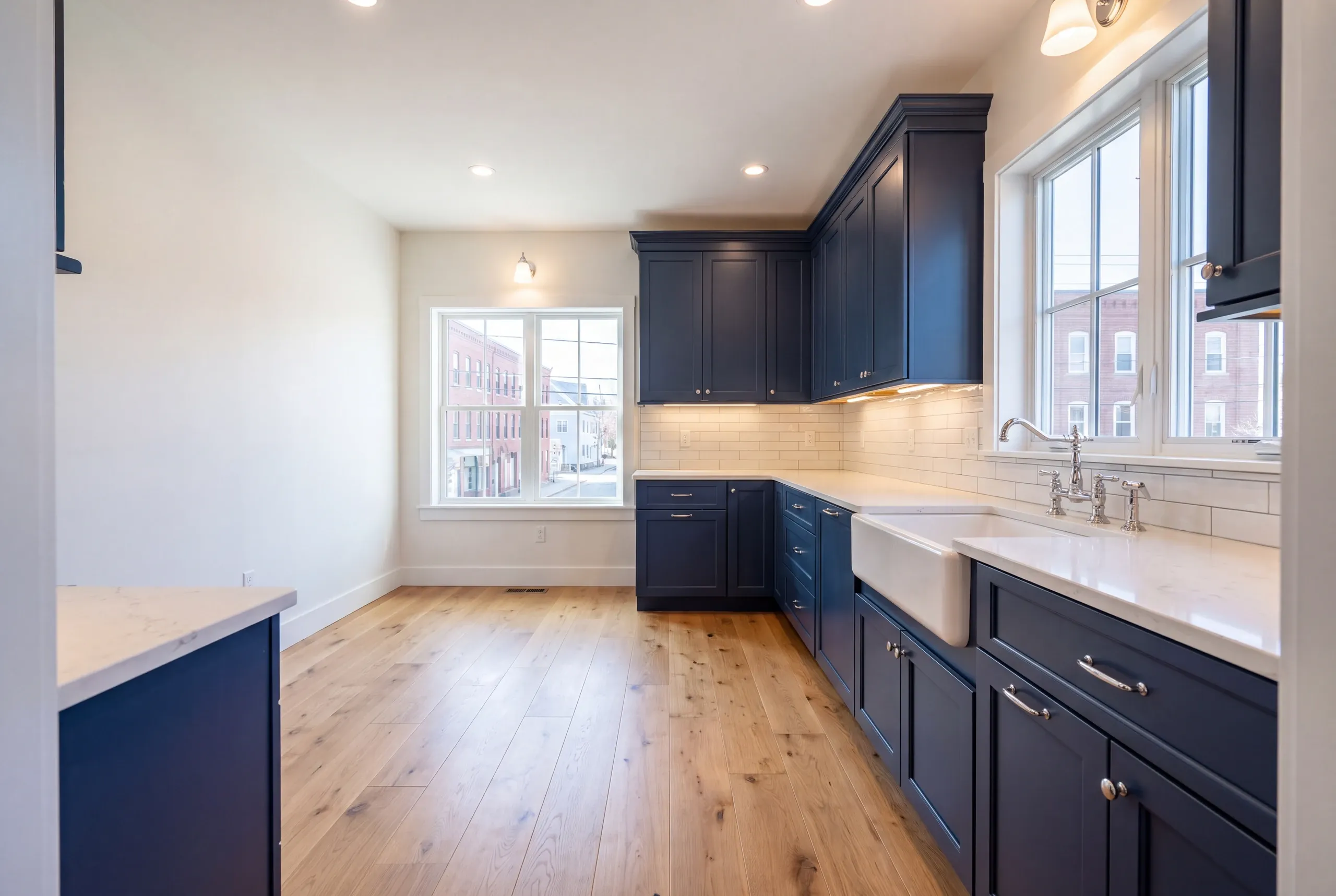Finished kitchen in a Waterville, Maine home, wide interior view