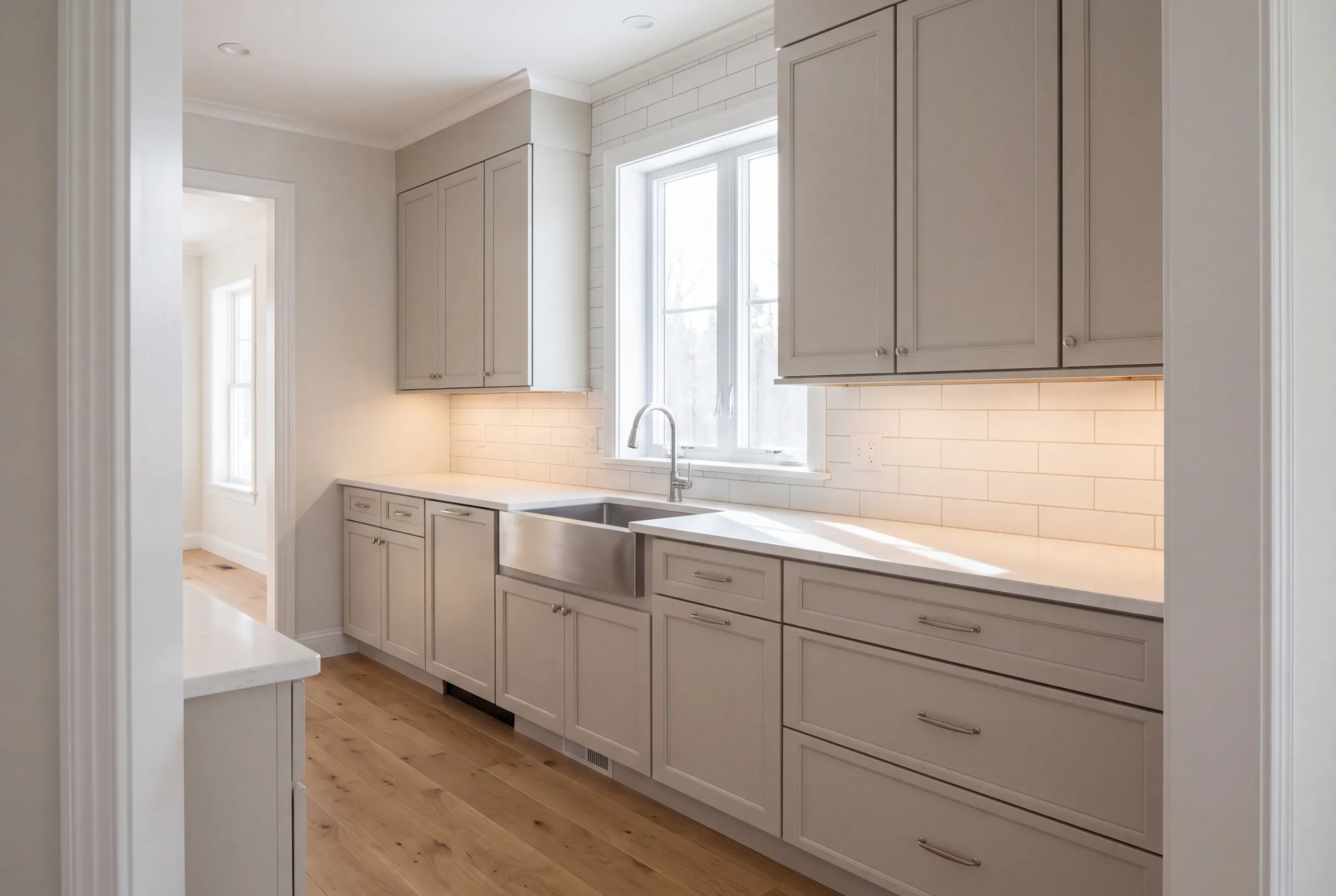 Finished Whitefield kitchen seen from the adjoining dining area