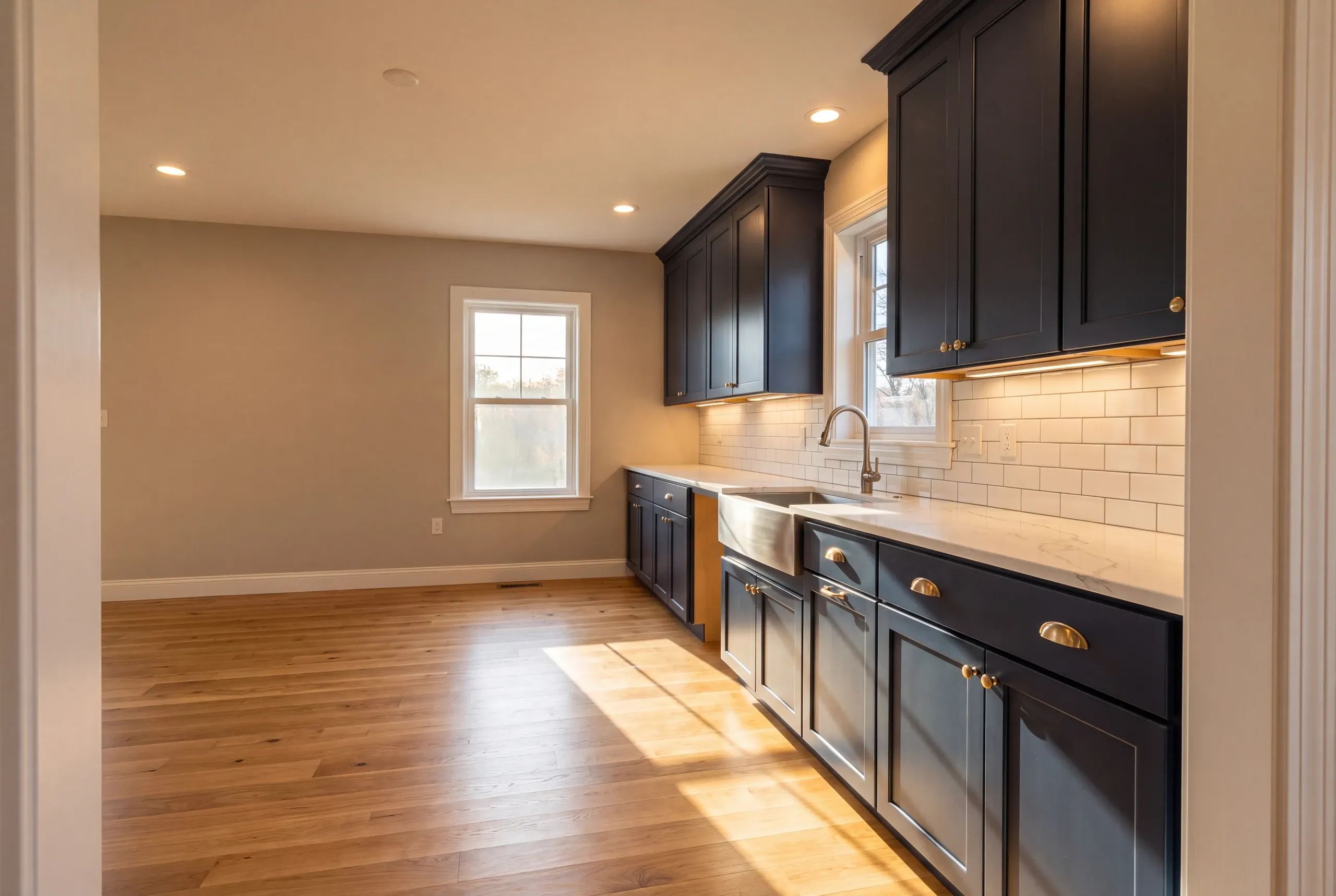 Finished kitchen in a Whitefield, Maine home, wide interior view