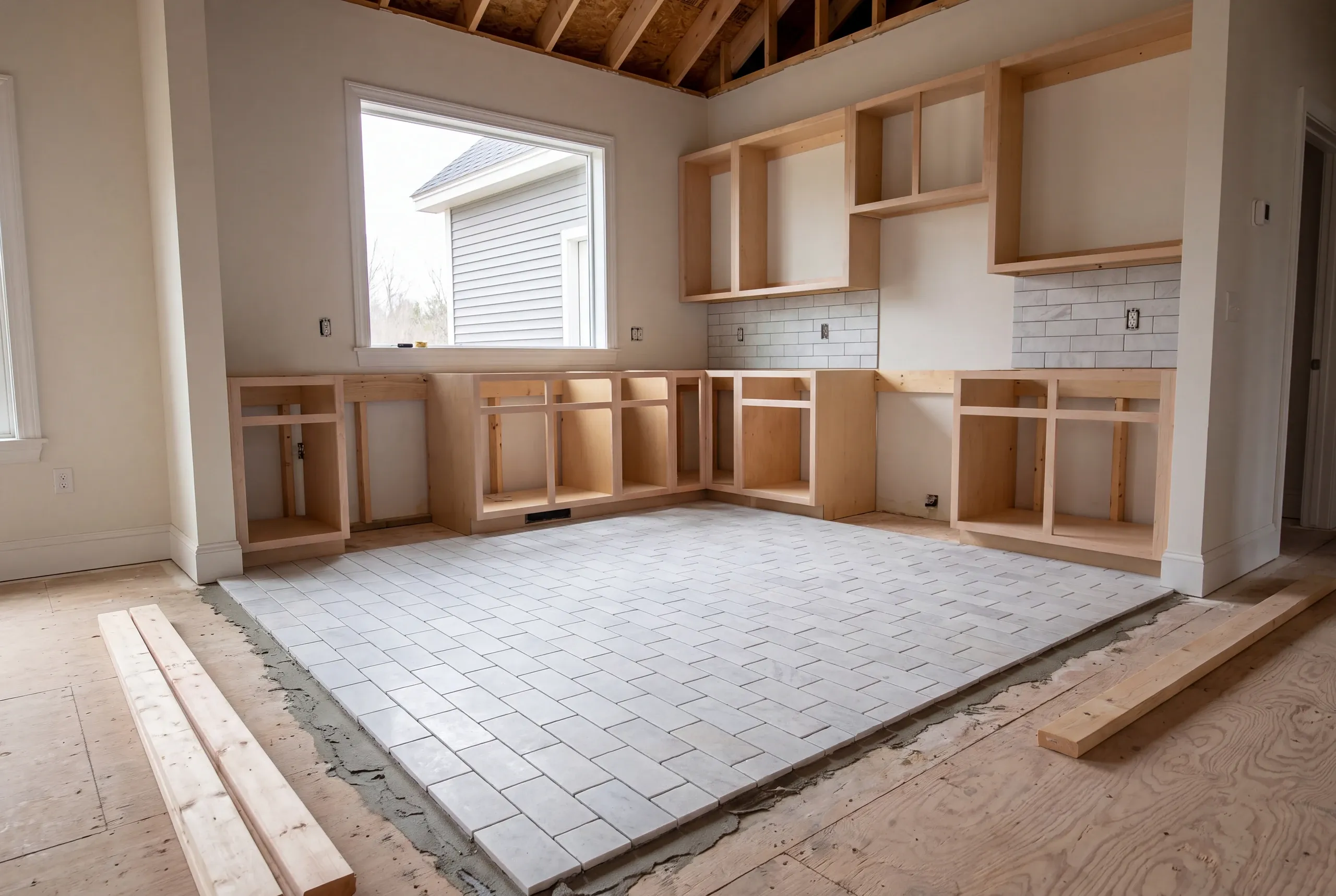 Tile floor set over an uncoupling membrane in a Windsor farmhouse kitchen