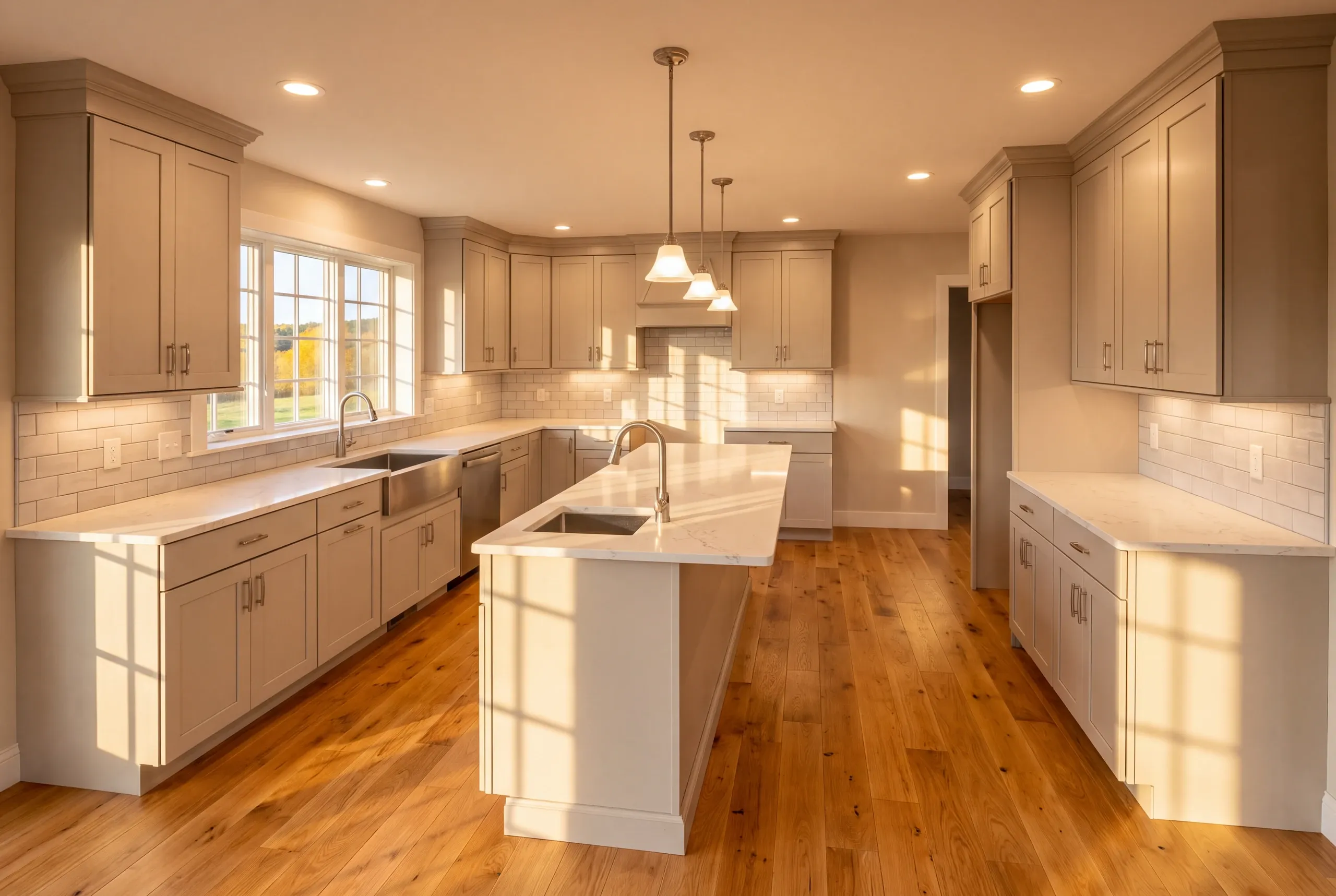 Finished farm kitchen with a long island in Windsor, Maine