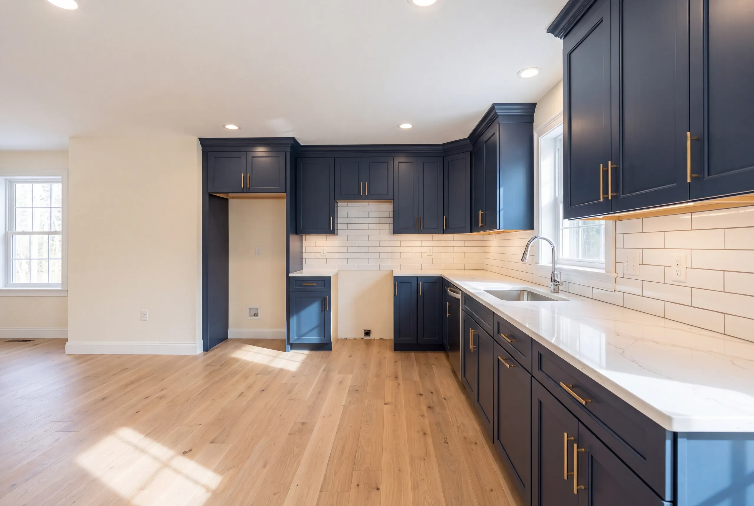 Finished kitchen in a Windsor, Maine home, wide interior view