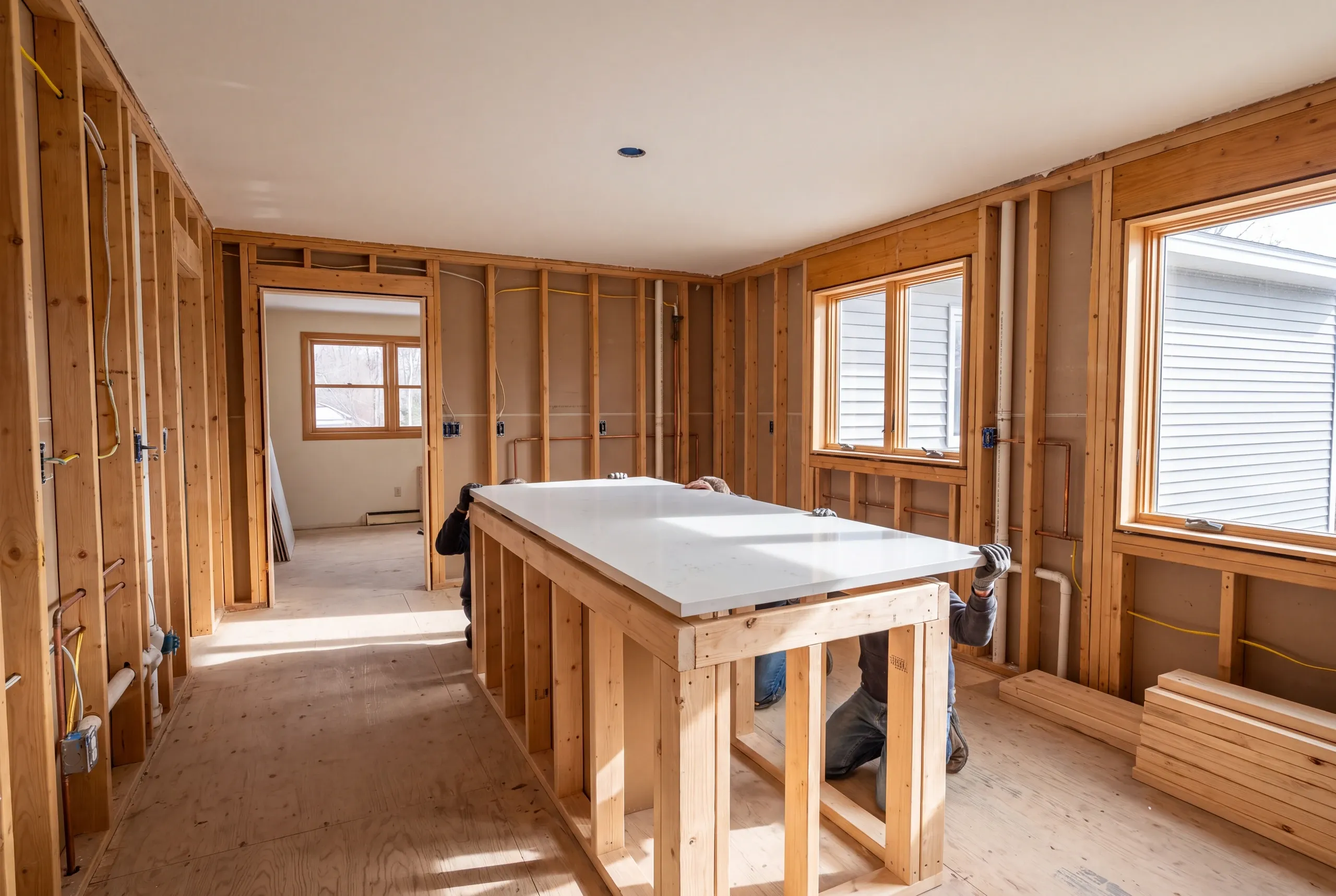 Quartz countertop being set on a new island in a Winslow kitchen