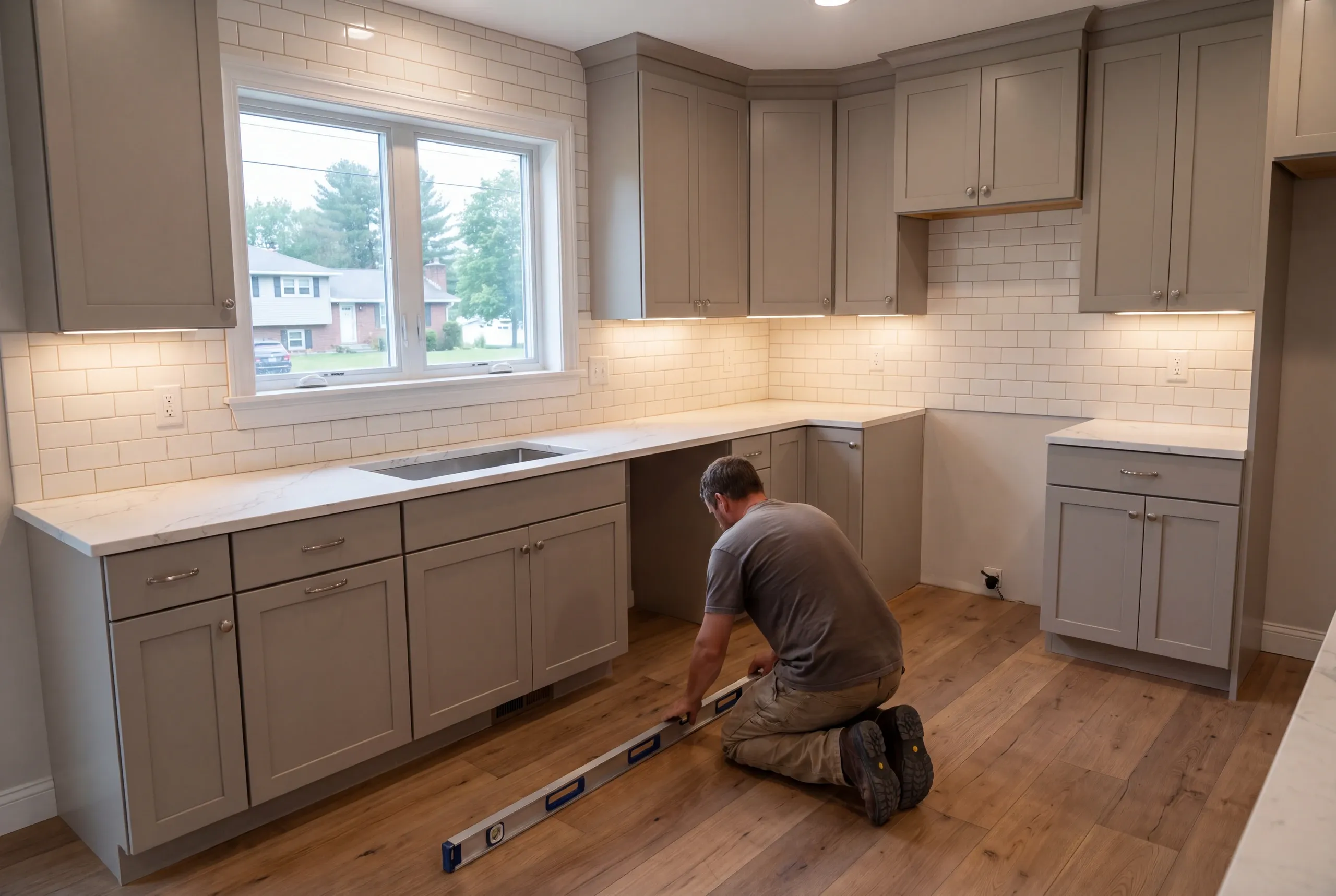 Builder checking floor level across a Winslow kitchen before cabinet layout