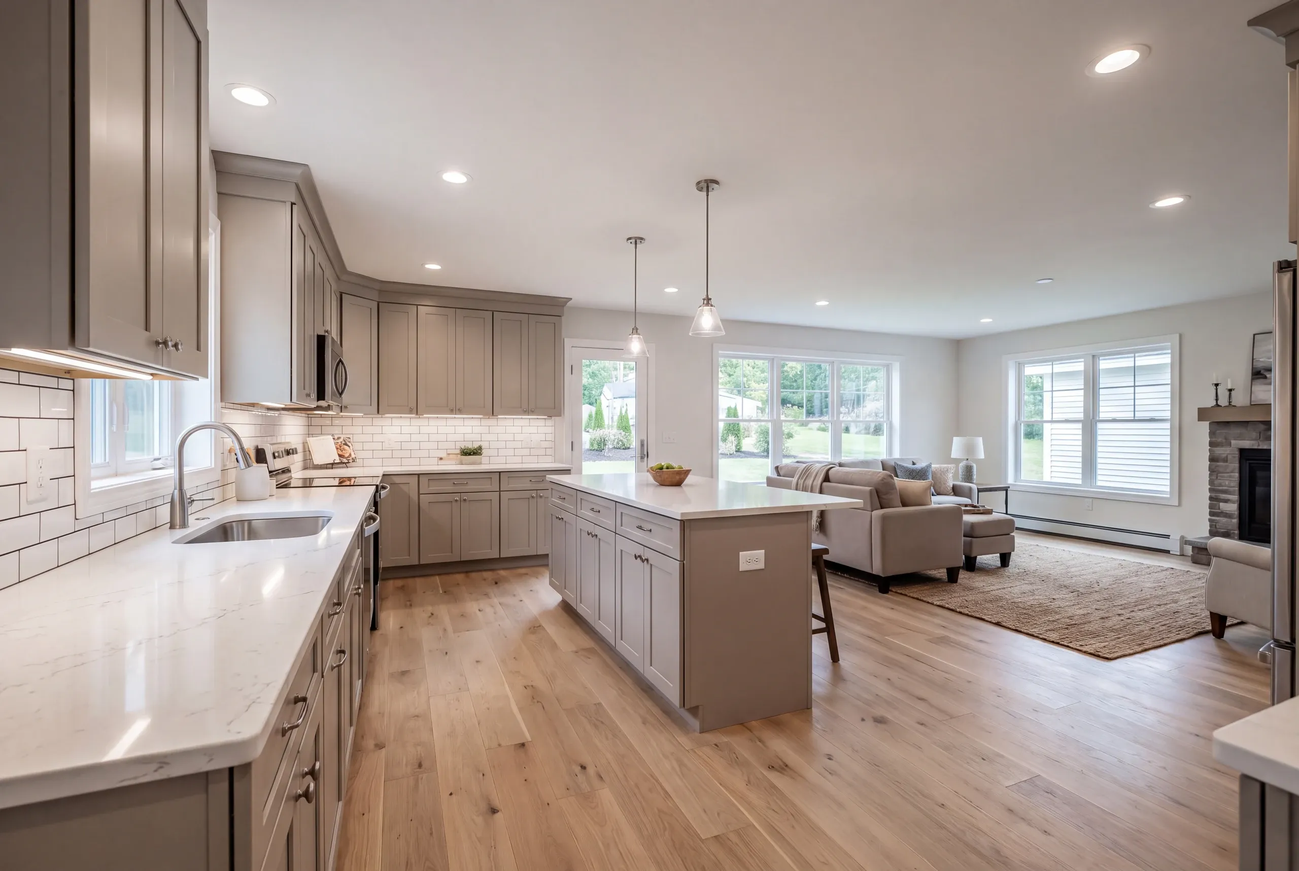 Finished open kitchen and living room in a Winslow, Maine ranch house