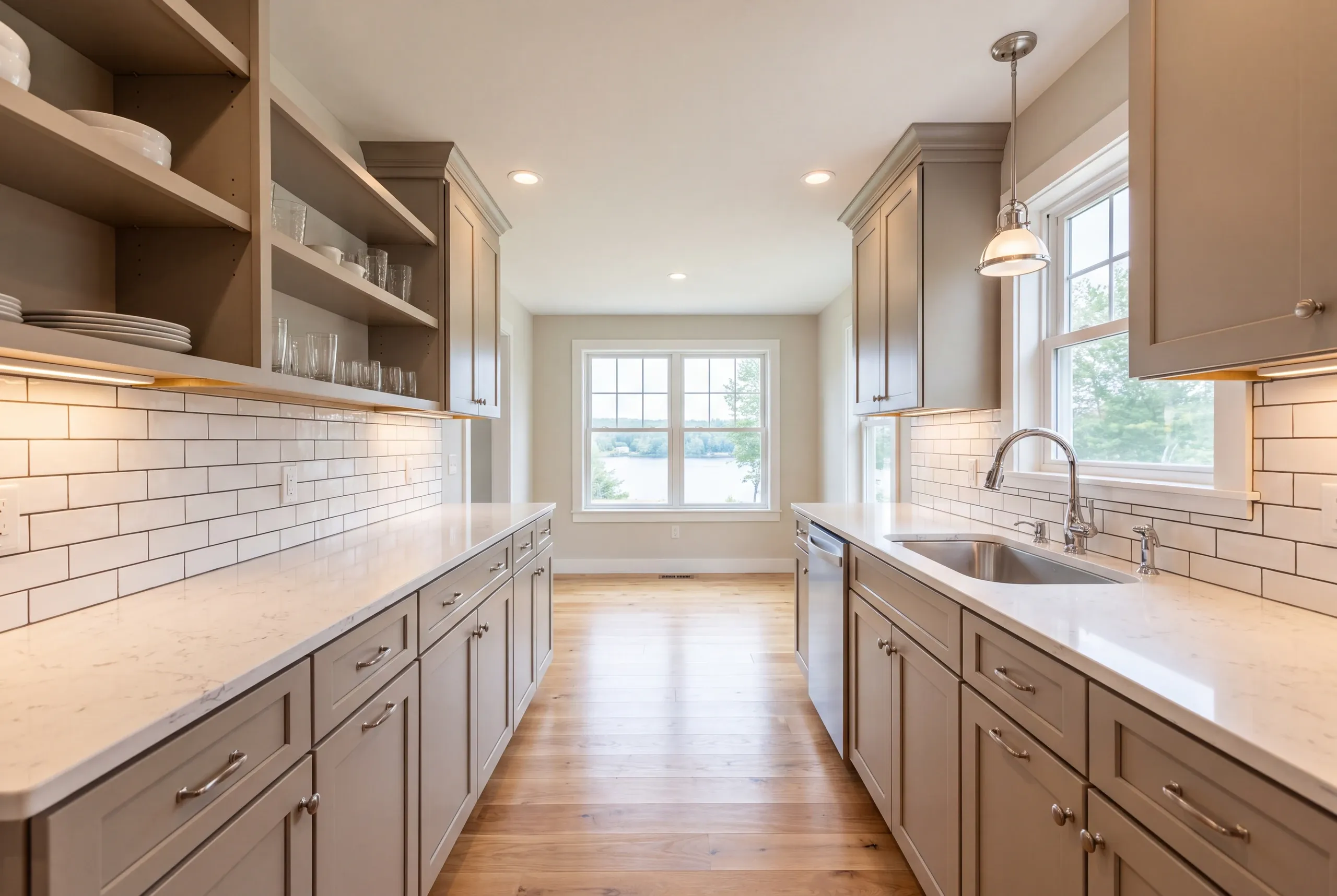 Finished Winslow kitchen seen from the adjoining dining area