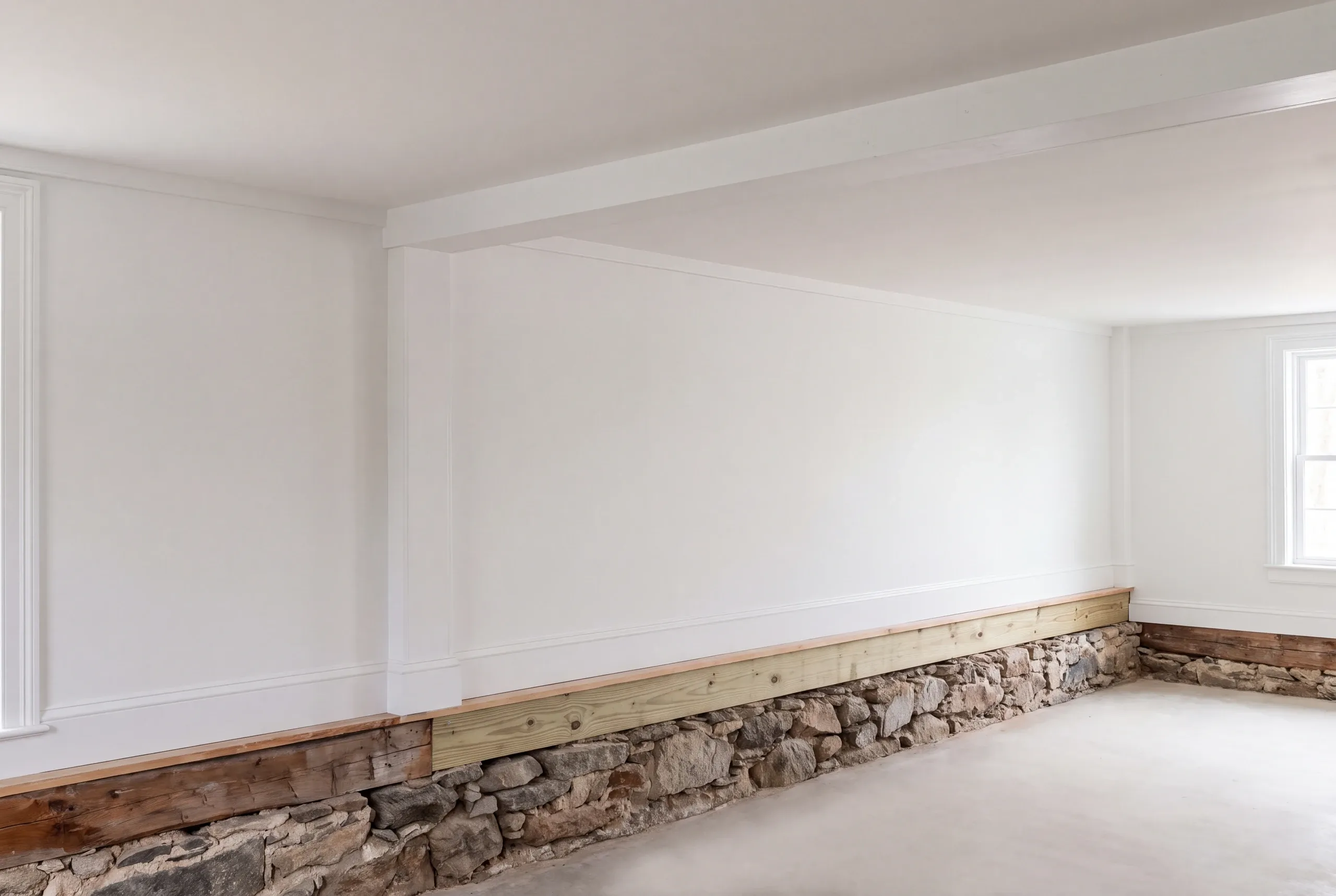 Rubble foundation and sill exposed during an Alna, Maine renovation