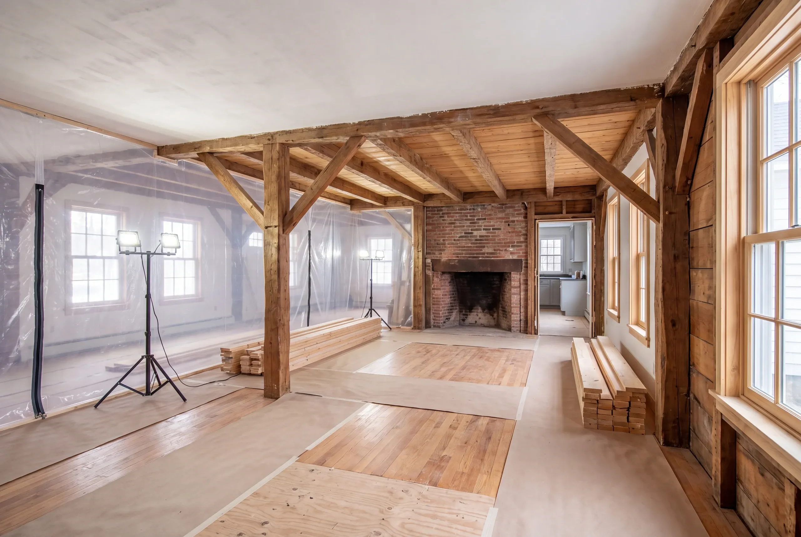 Original plaster removed under lead-safe containment in Alna, Maine