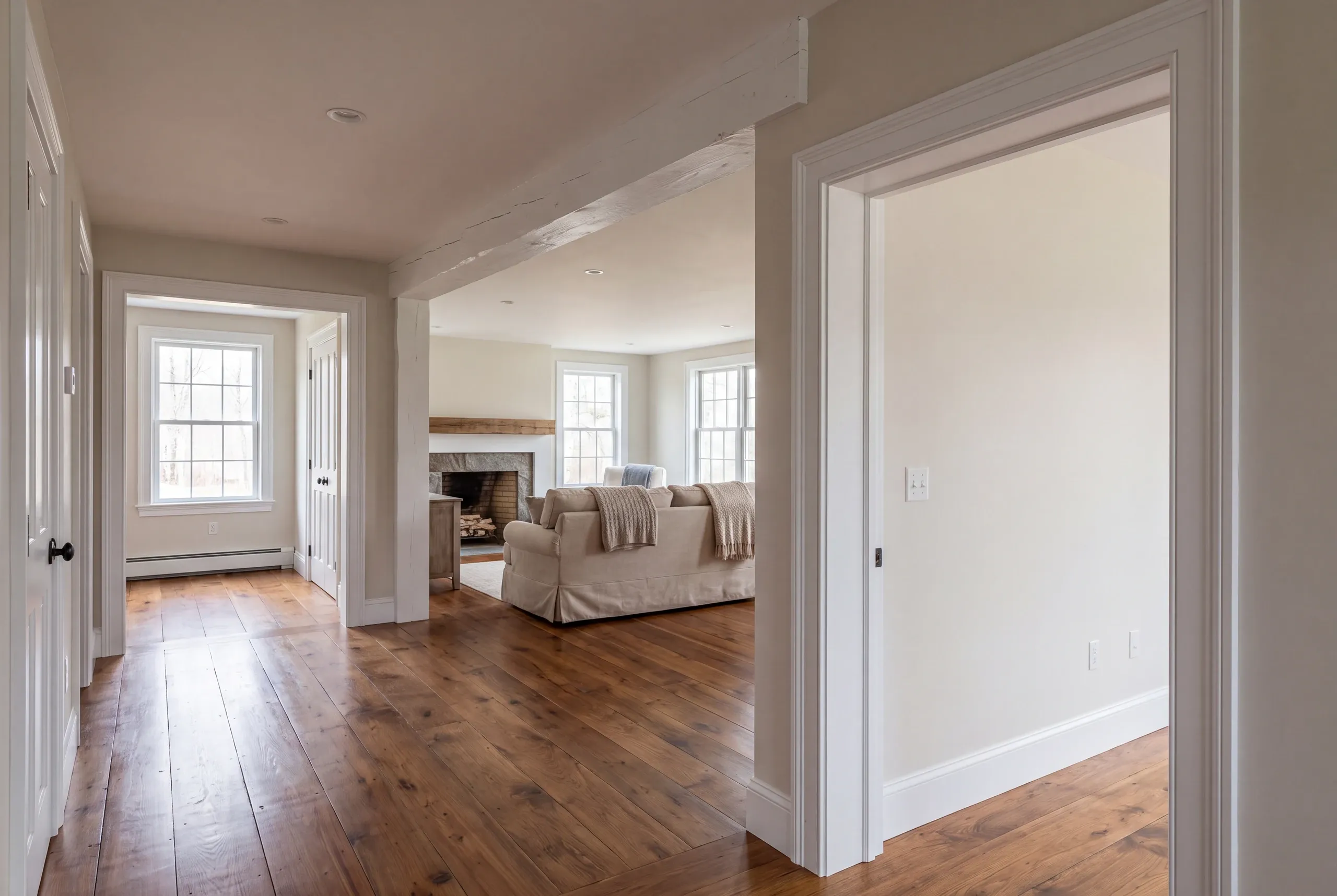 Finished renovated living room in an Alna home seen from the hall