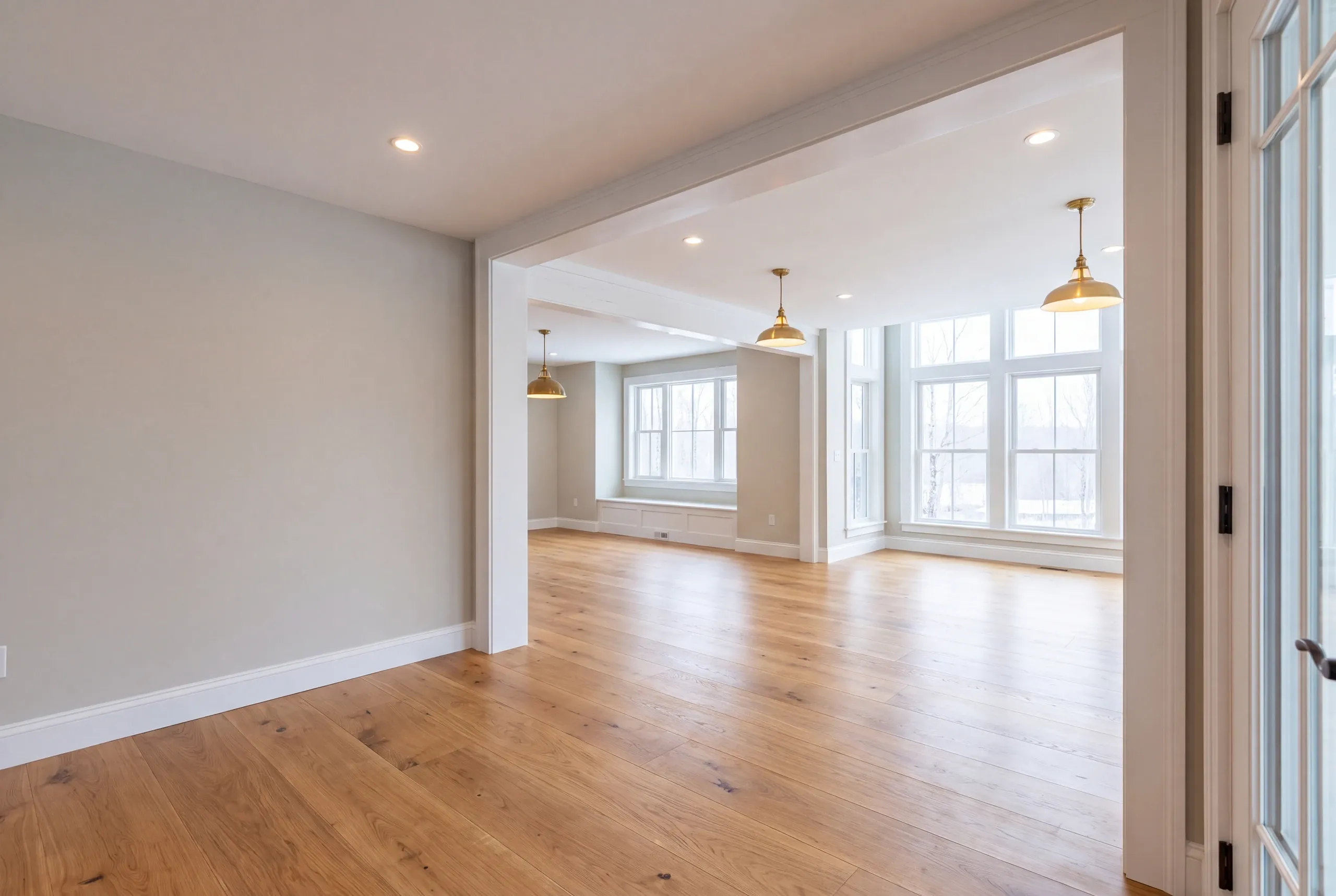 Finished renovated living space in an Alna, Maine home, wide interior view
