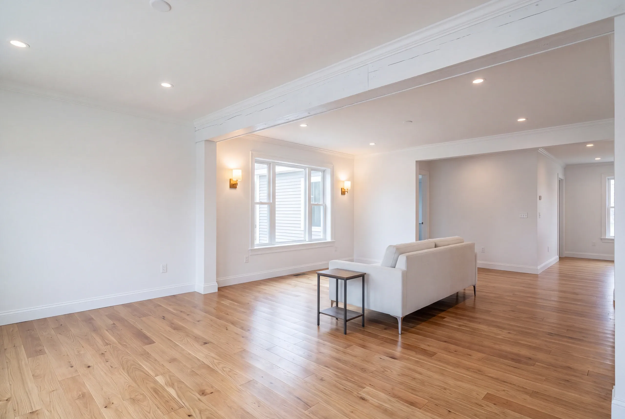 Finished renovated living space in an Augusta, Maine home, wide interior view