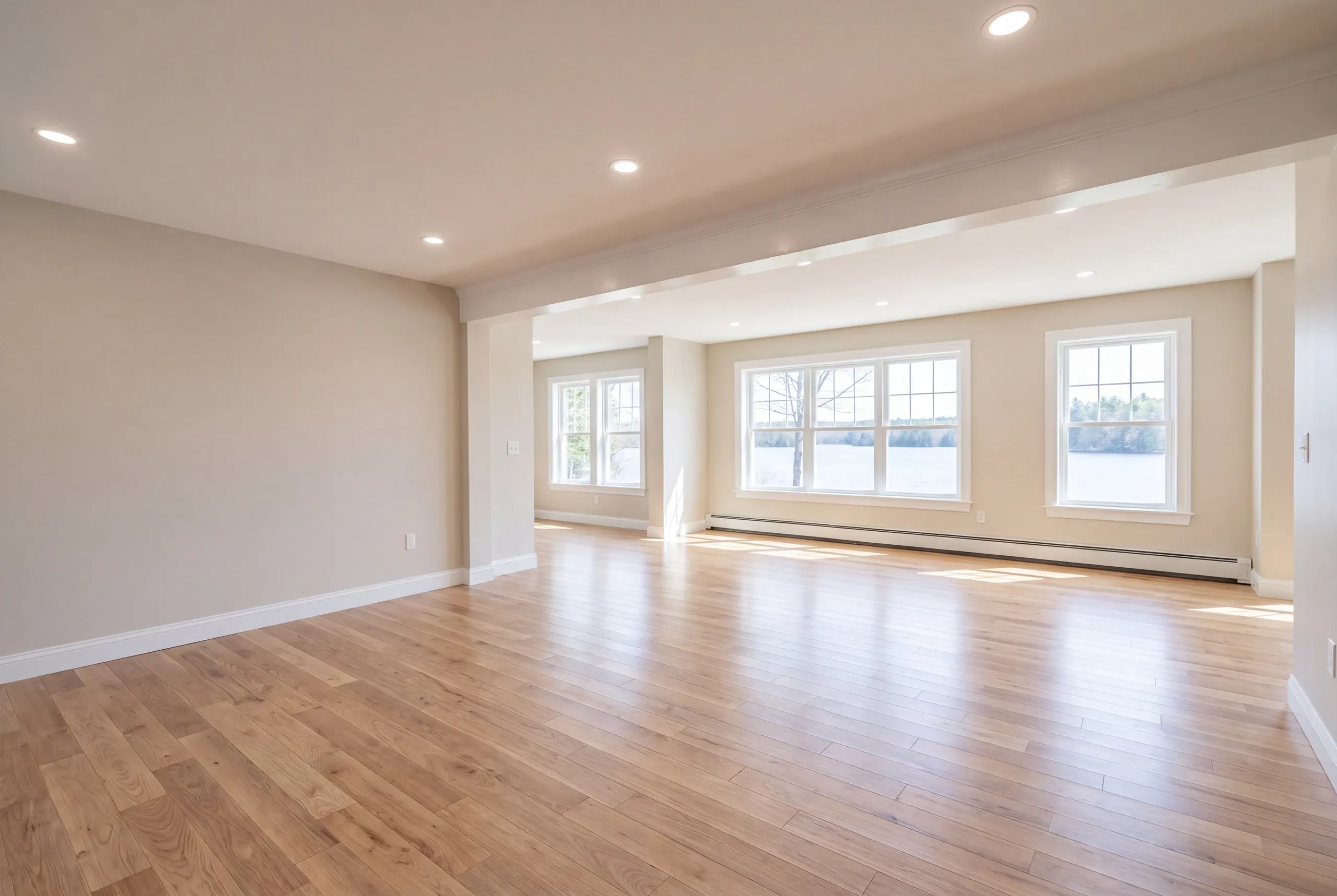 Finished renovated living space in a Belgrade, Maine home, wide interior view