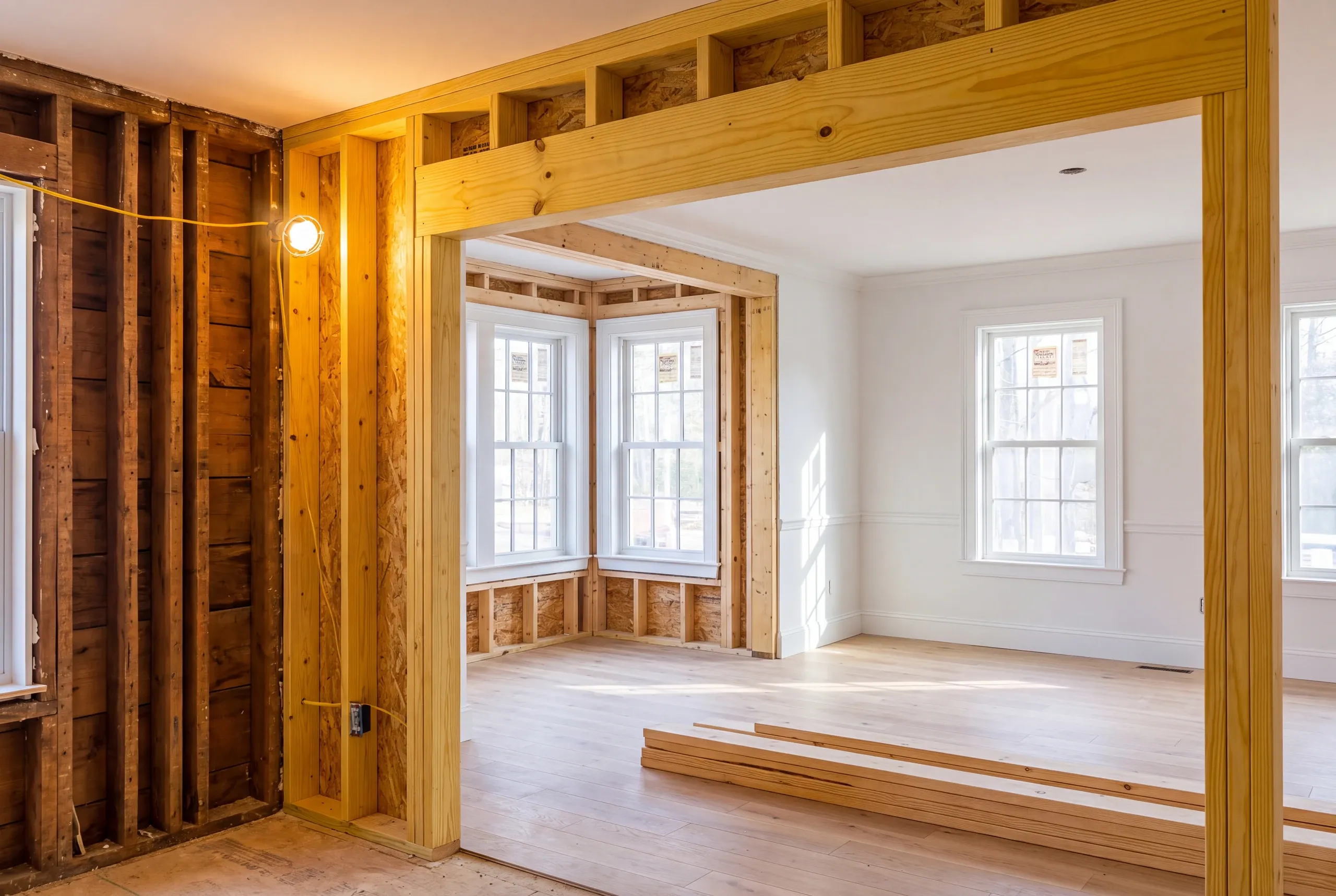 Framing difference exposed between two eras of a Brunswick house