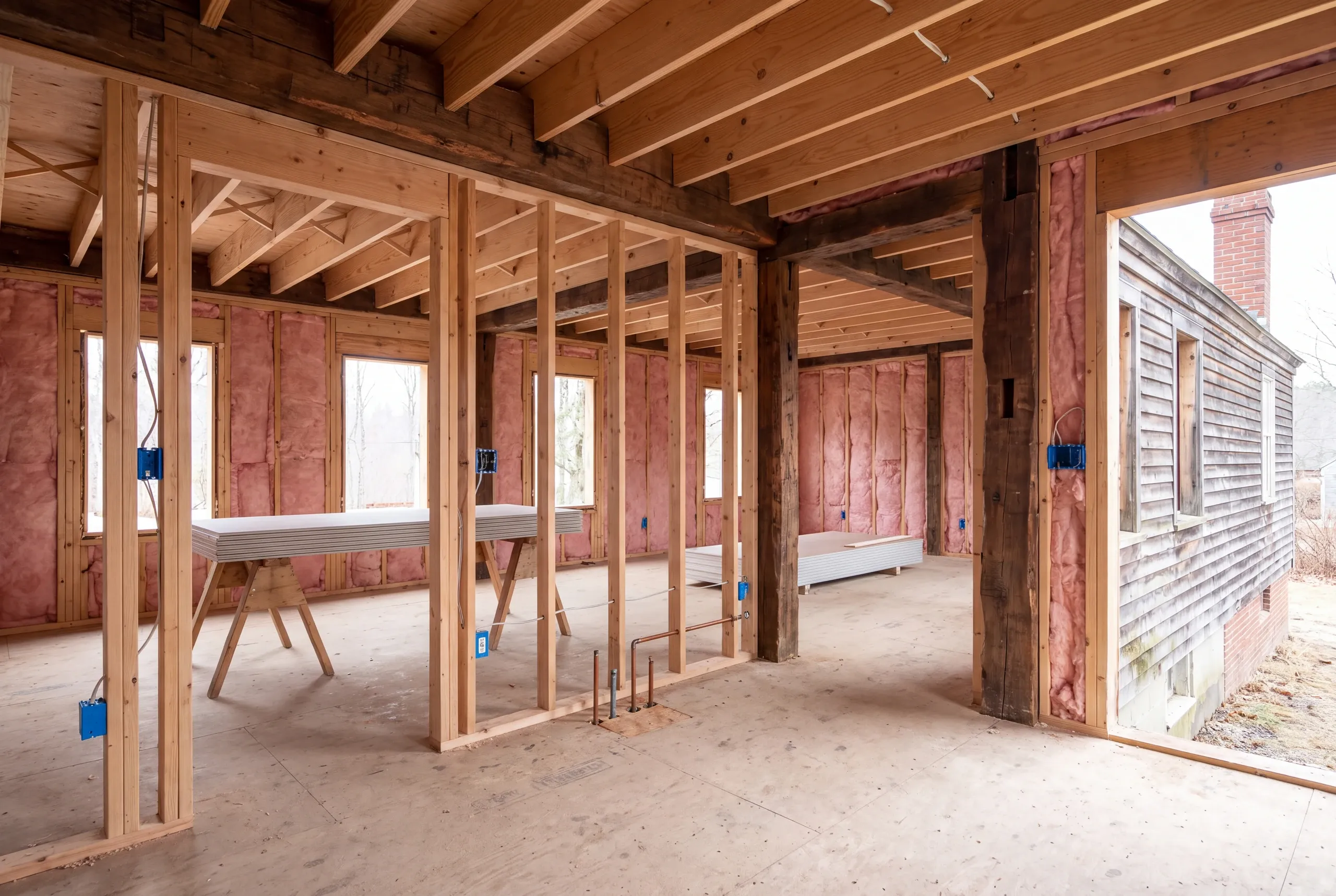 Crew tying new work into a historic Brunswick, Maine structure