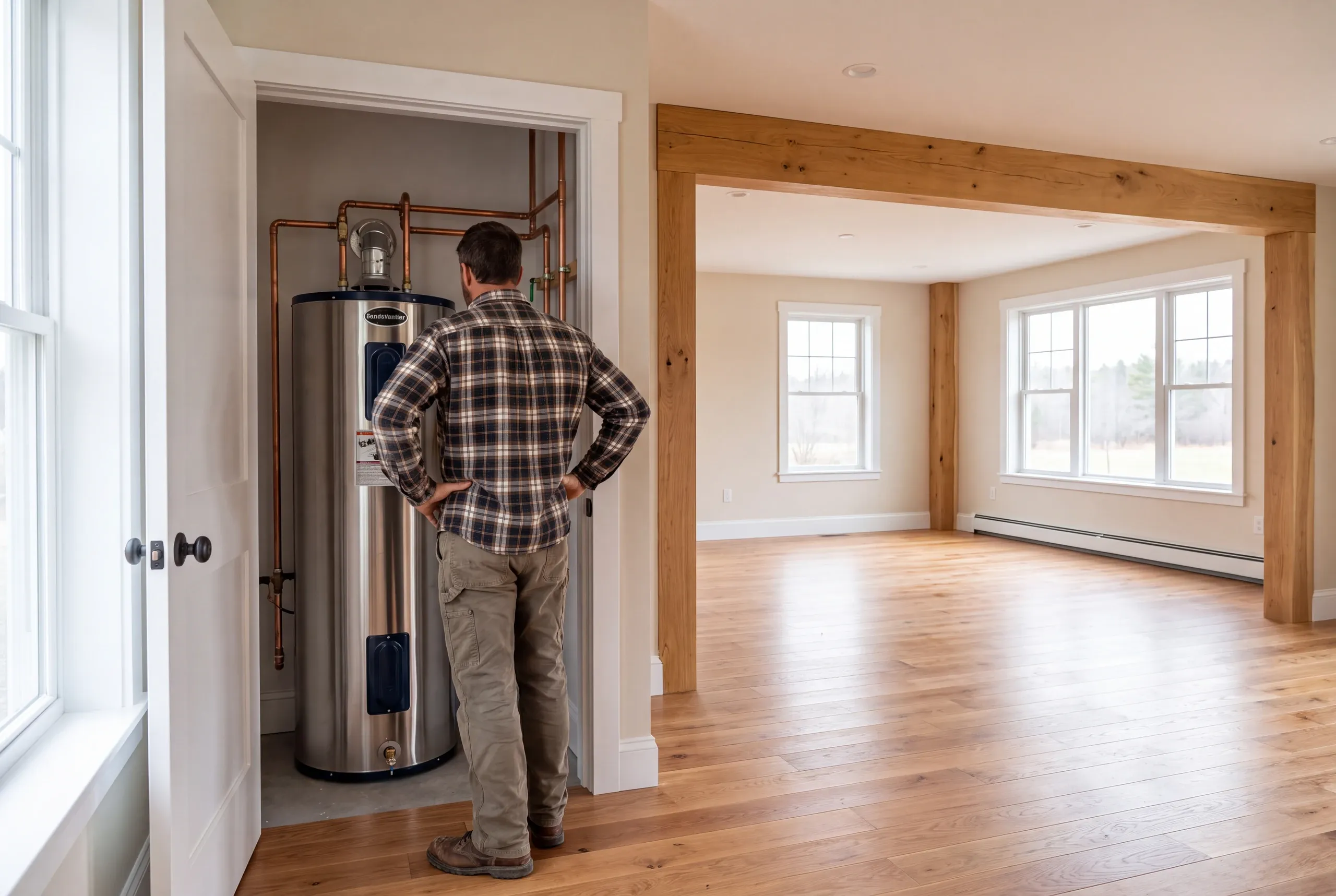 Builder checking hot water capacity in a Clinton, Maine house