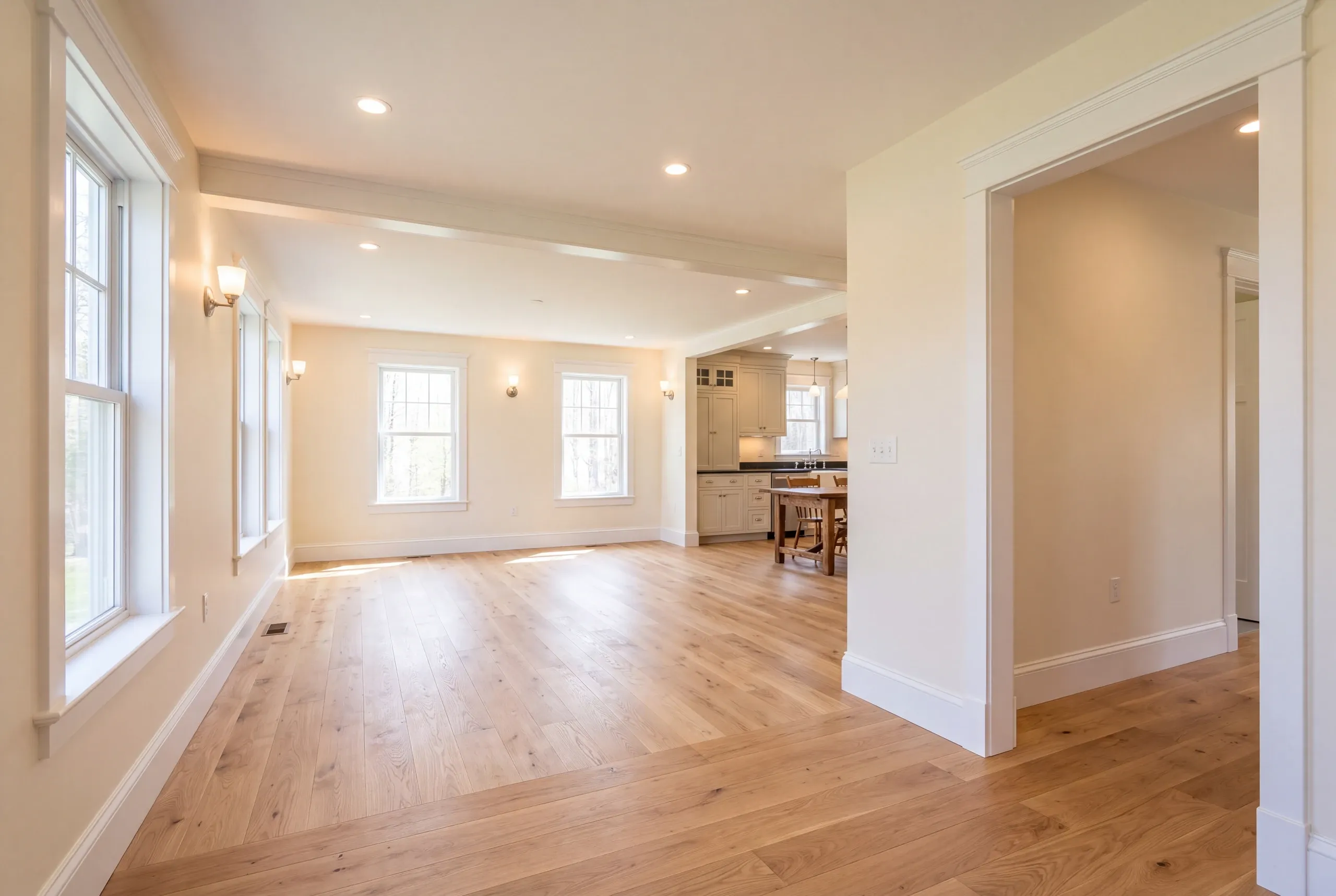 Finished renovated living room in a Clinton home seen from the hall