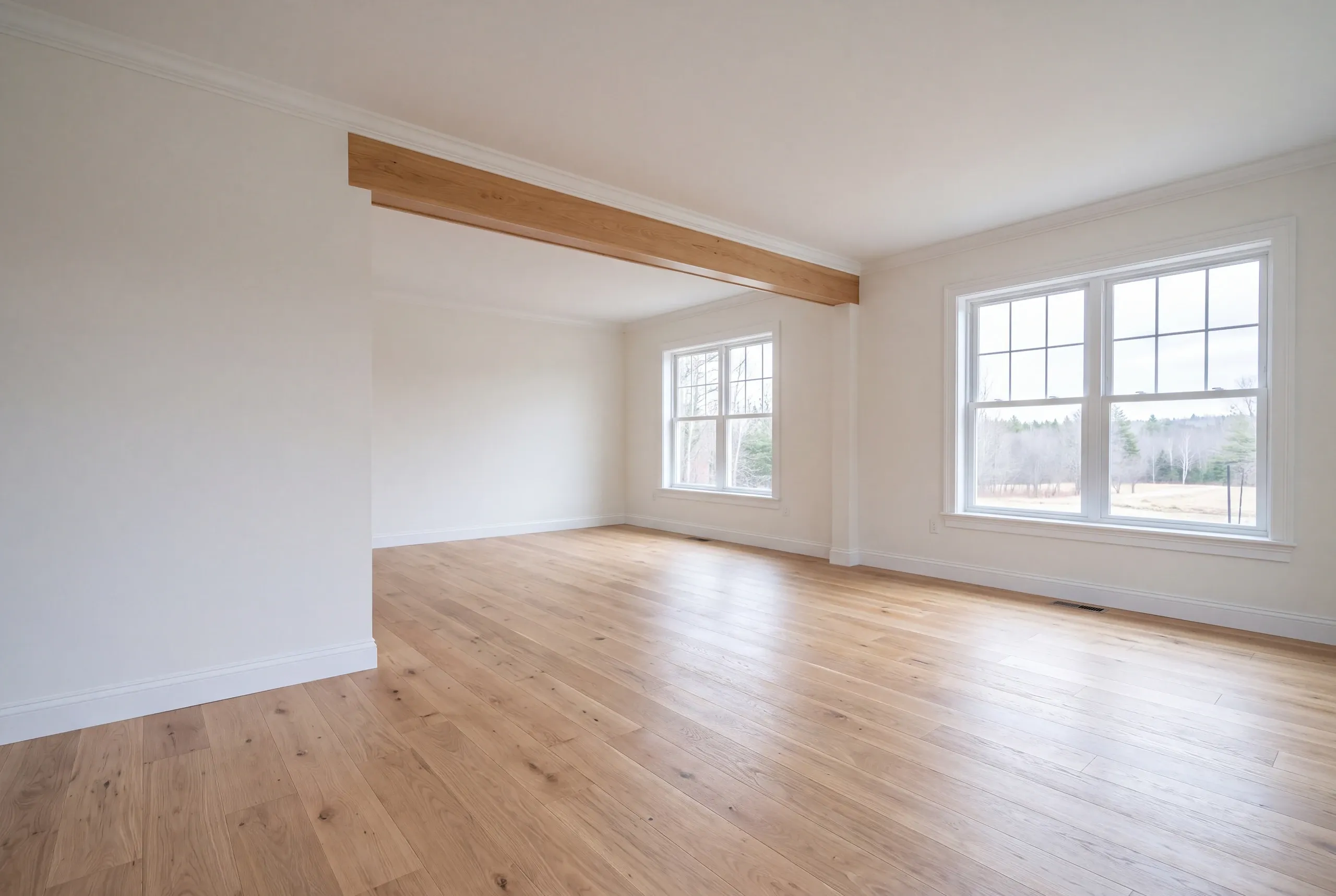 Finished renovated living space in a Clinton, Maine home, wide interior view