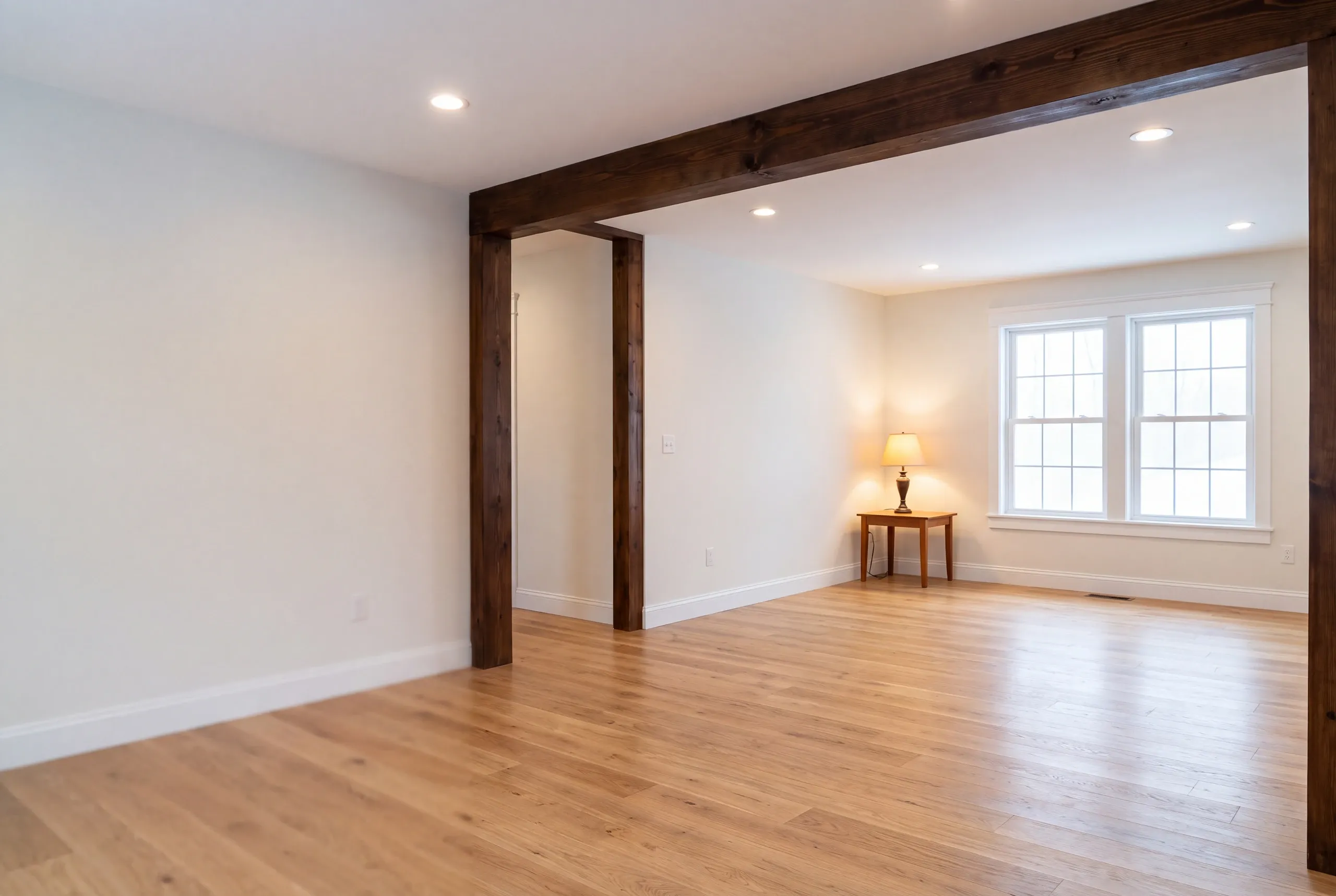 Finished renovated living space in a Farmington, Maine home, wide interior view