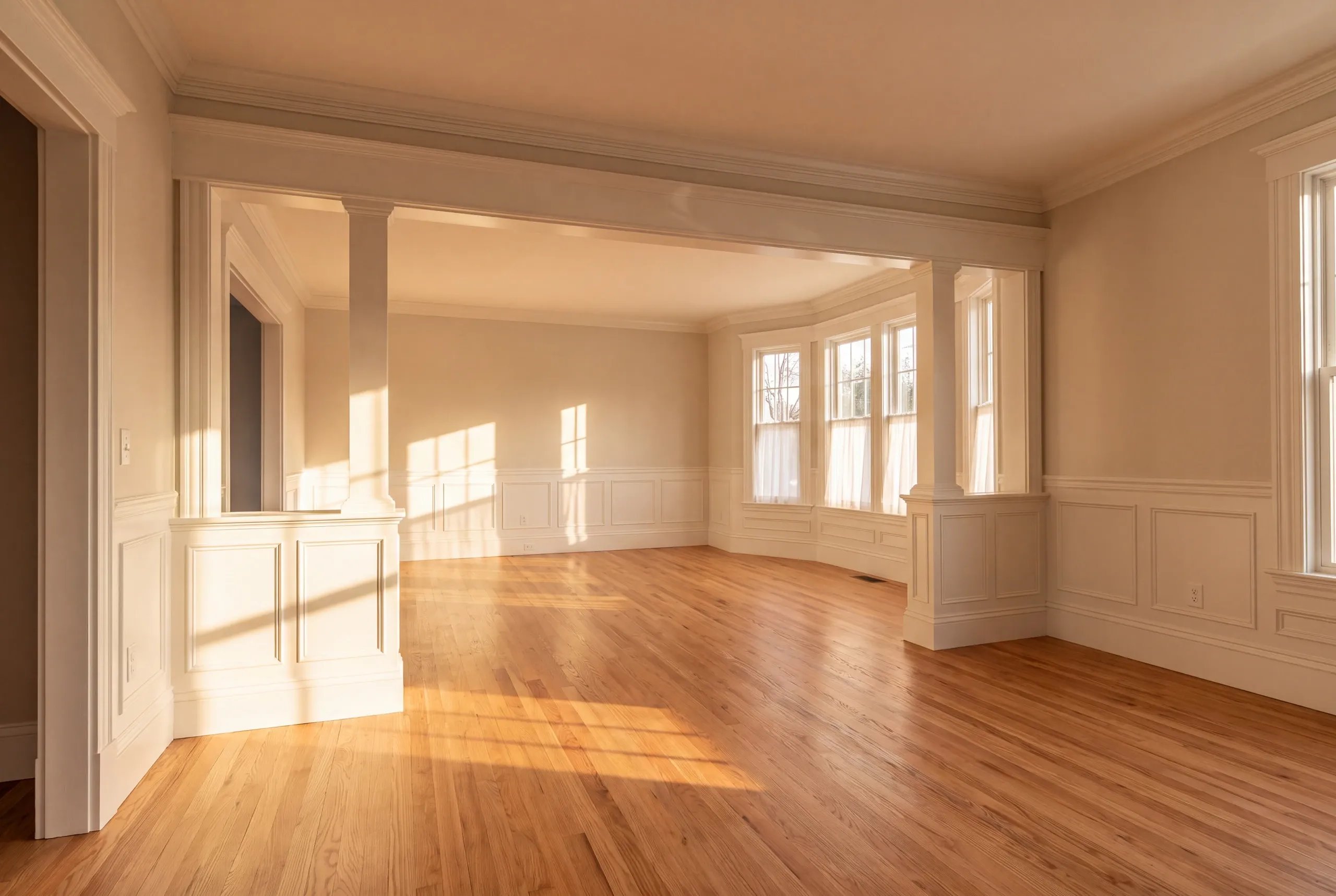Finished renovated living room in a Lewiston home seen from the hall