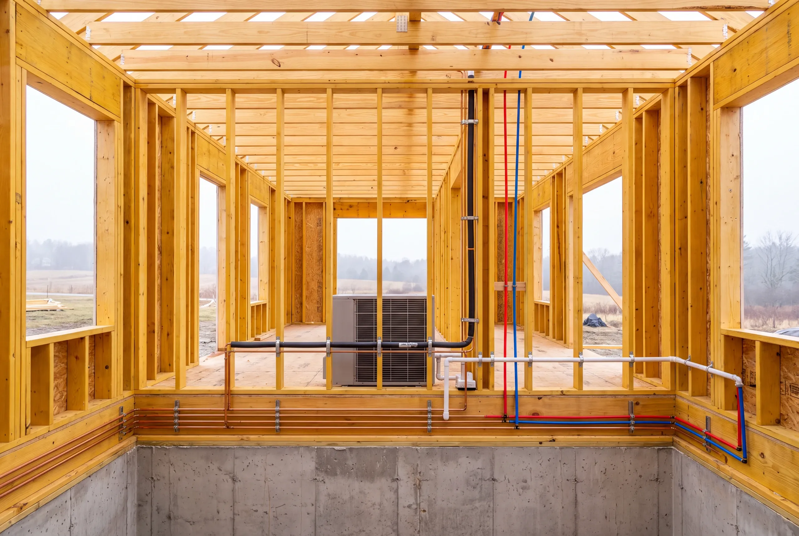 Heat pump and plumbing routed for winter use in a Mt. Vernon house