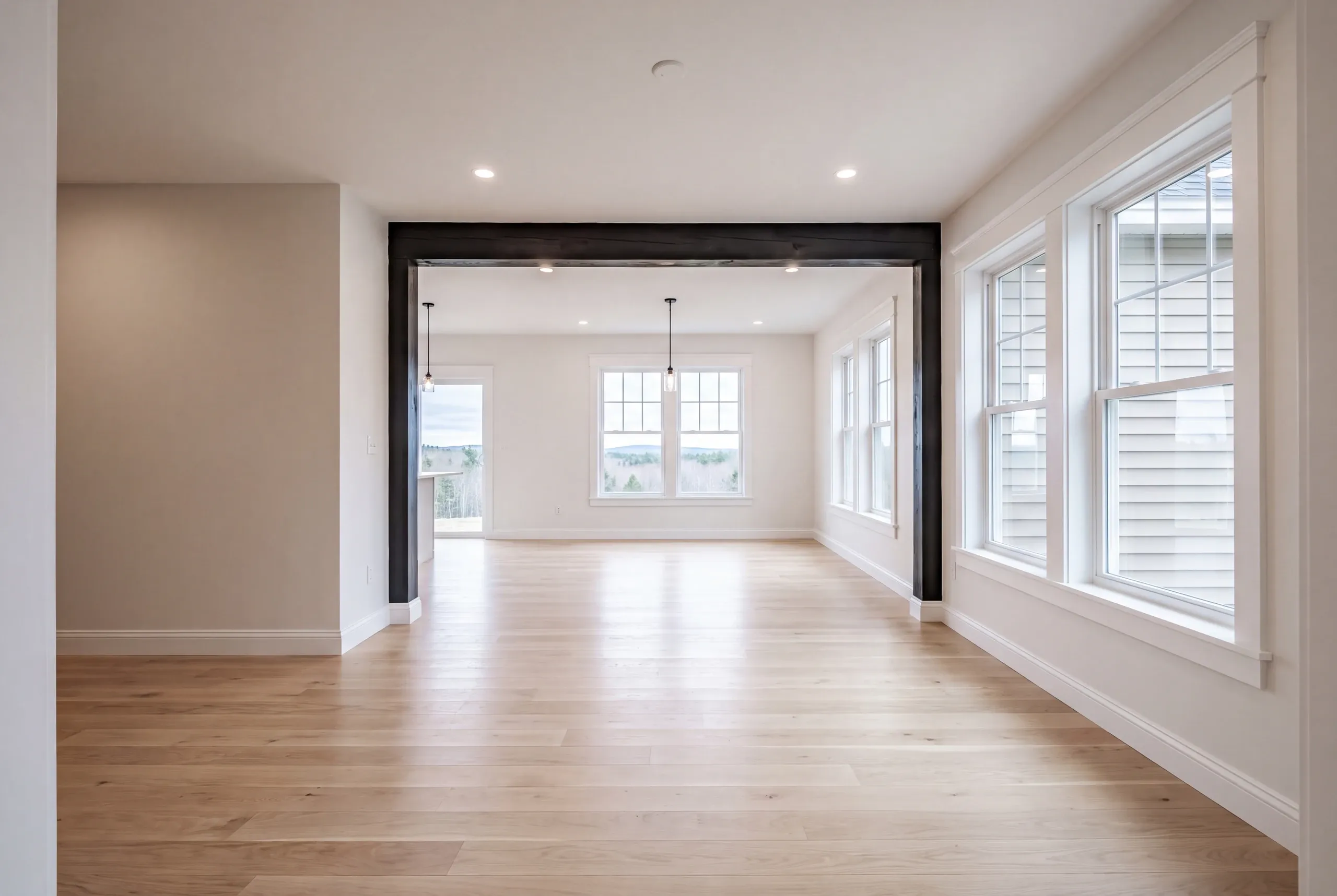 Finished renovated living space in a Mt Vernon, Maine home, wide interior view