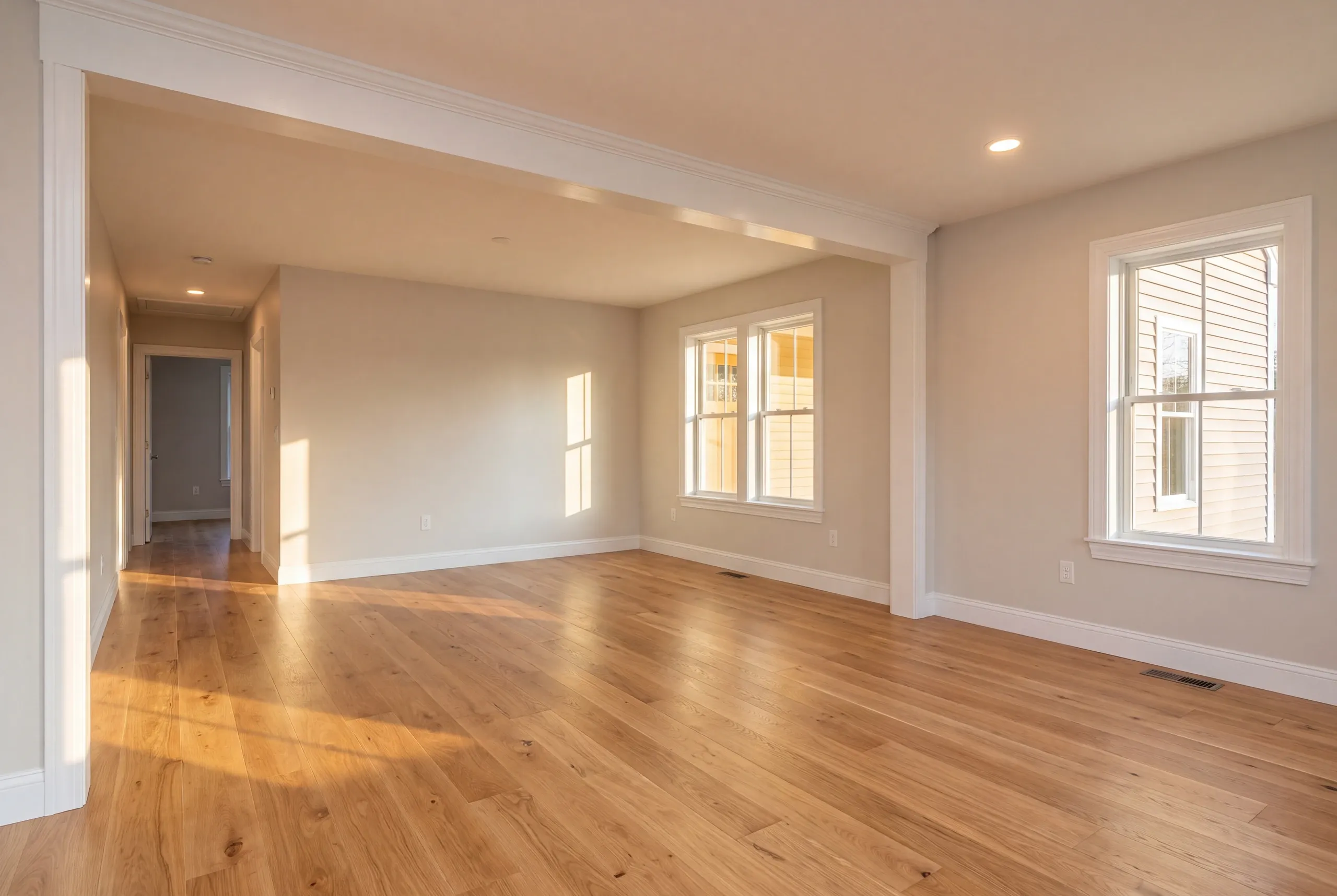 Finished renovated living room in an Oakland home seen from the hall