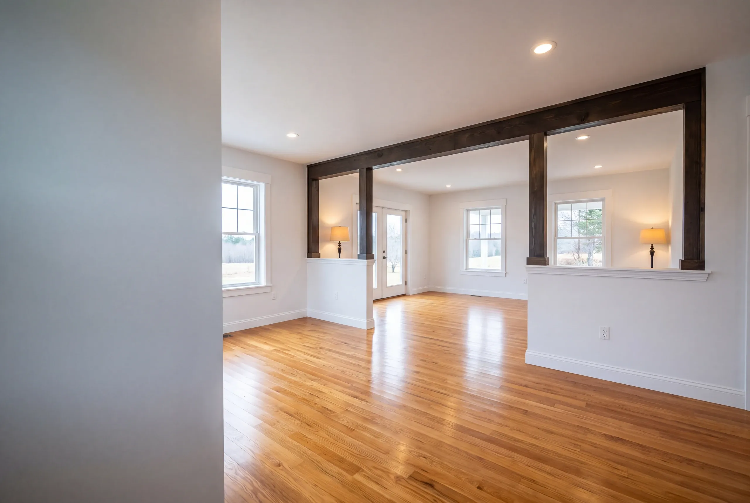 Finished renovated living space in a Palermo, Maine home, wide interior view