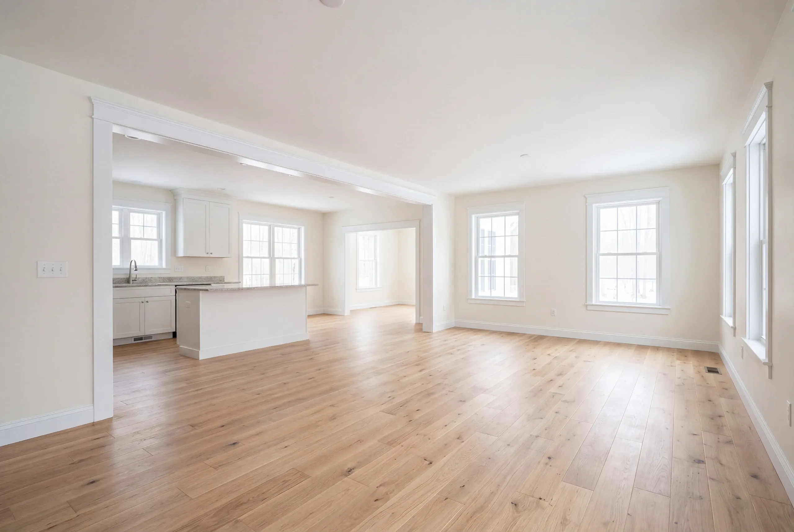 Finished renovated living space in a Vassalboro, Maine home, wide interior view